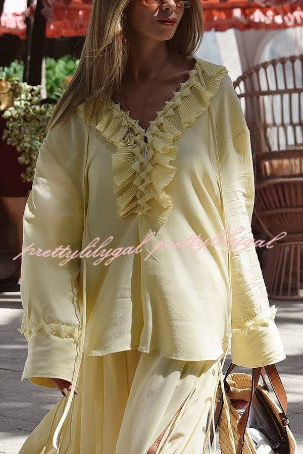 Elegant Solid Color Pleated Ruffled Tie Long Sleeve Loose Blouse for Women | Casual Office Wear & Spring Outfits