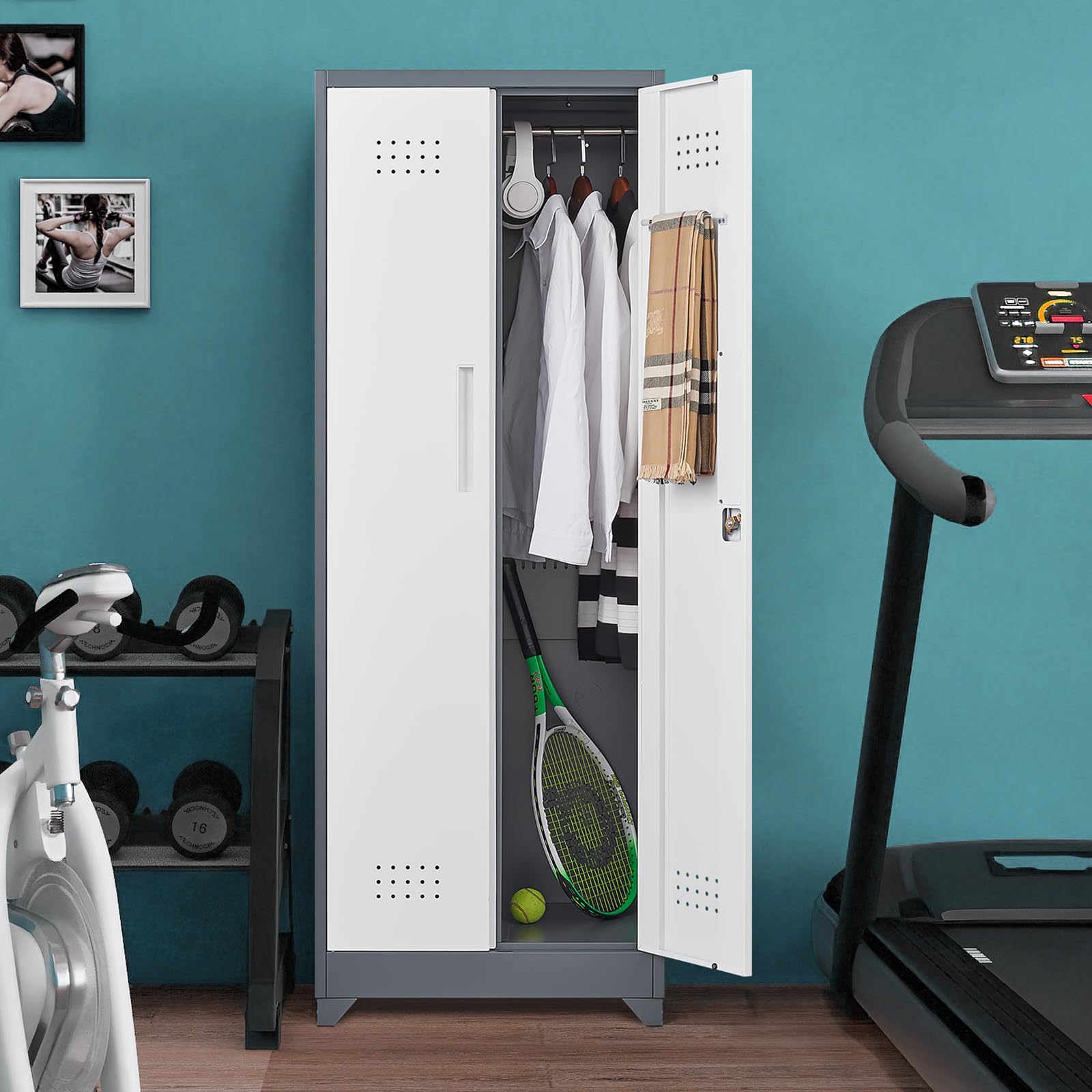 GREATMEET Heavy Duty Metal Storage Cabinet with Adjustable Shelves - Broom Closet Organizer with Pegboard & Hanging Rod - Locking Tall Utility Cabinet for Cleaning Tools - Perfect for Bathroom, Garage, Laundry Room & Mudroom Organization