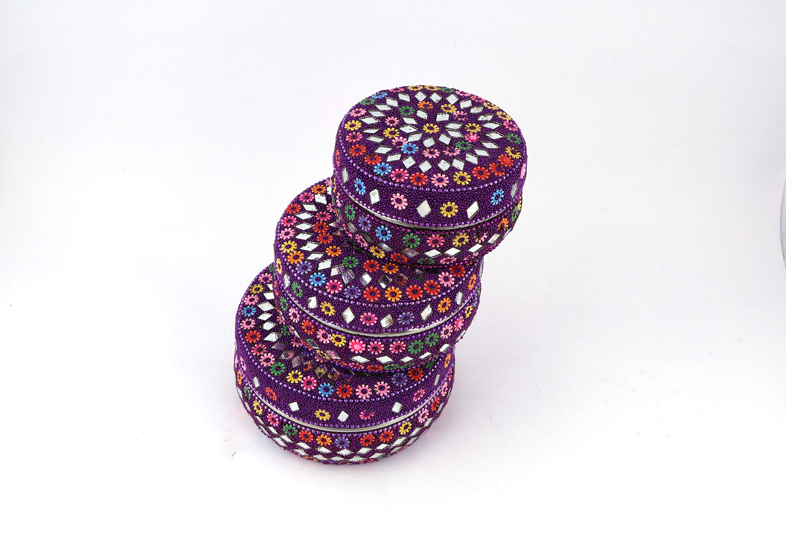 Handmade Beaded Stainless Steel Lunch Box Set - 3 Pack Round Purple Decorative Food Container for Office, School & Picnic | Eco-Friendly Dry Fruit Storage & Gift Idea