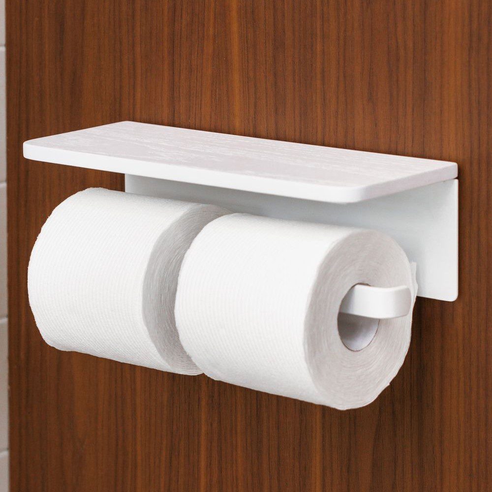 DESIGNSTUFF White Dual Toilet Paper Holder with Shelf - Bathroom Storage Organizer for Modern Homes