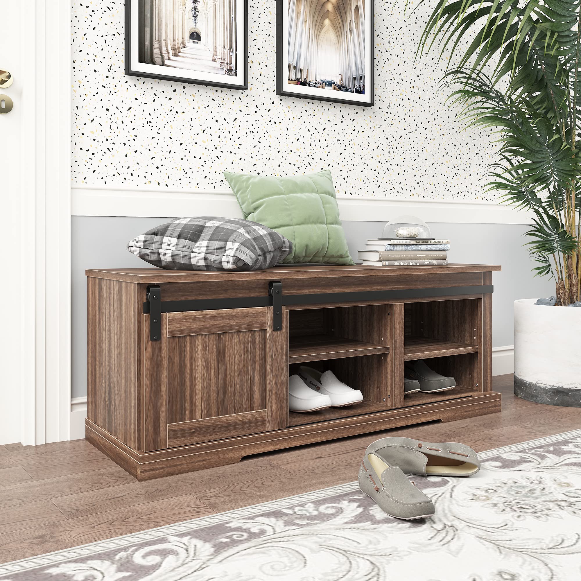 Storage Bench with Sliding Door & Adjustable Shelf - Entryway Shoe Bench for Living Room, Hallway (Barnwood Finish) | Perfect for Small Space Organization & Shoe Storage Solution