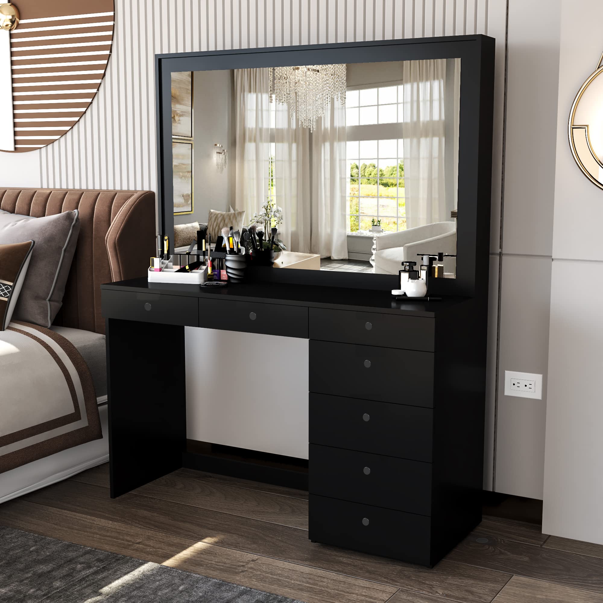 Boahaus Joan 7-Drawer Makeup Vanity Desk with Hollywood Mirror, Black Painted Dressing Table for Bedroom - Perfect for Makeup Organization & Beauty Routine