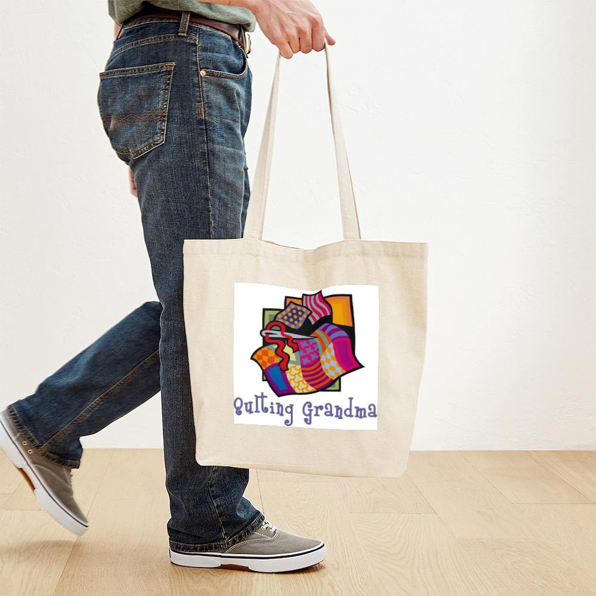 Quilting Grandmother Tote Bag - Natural Canvas Reusable Shopping Bag for Women | Eco-Friendly Grocery Tote for Grandmas, Crafters & Quilters - Perfect for Farmers Market, Book Club & Sewing Supplies