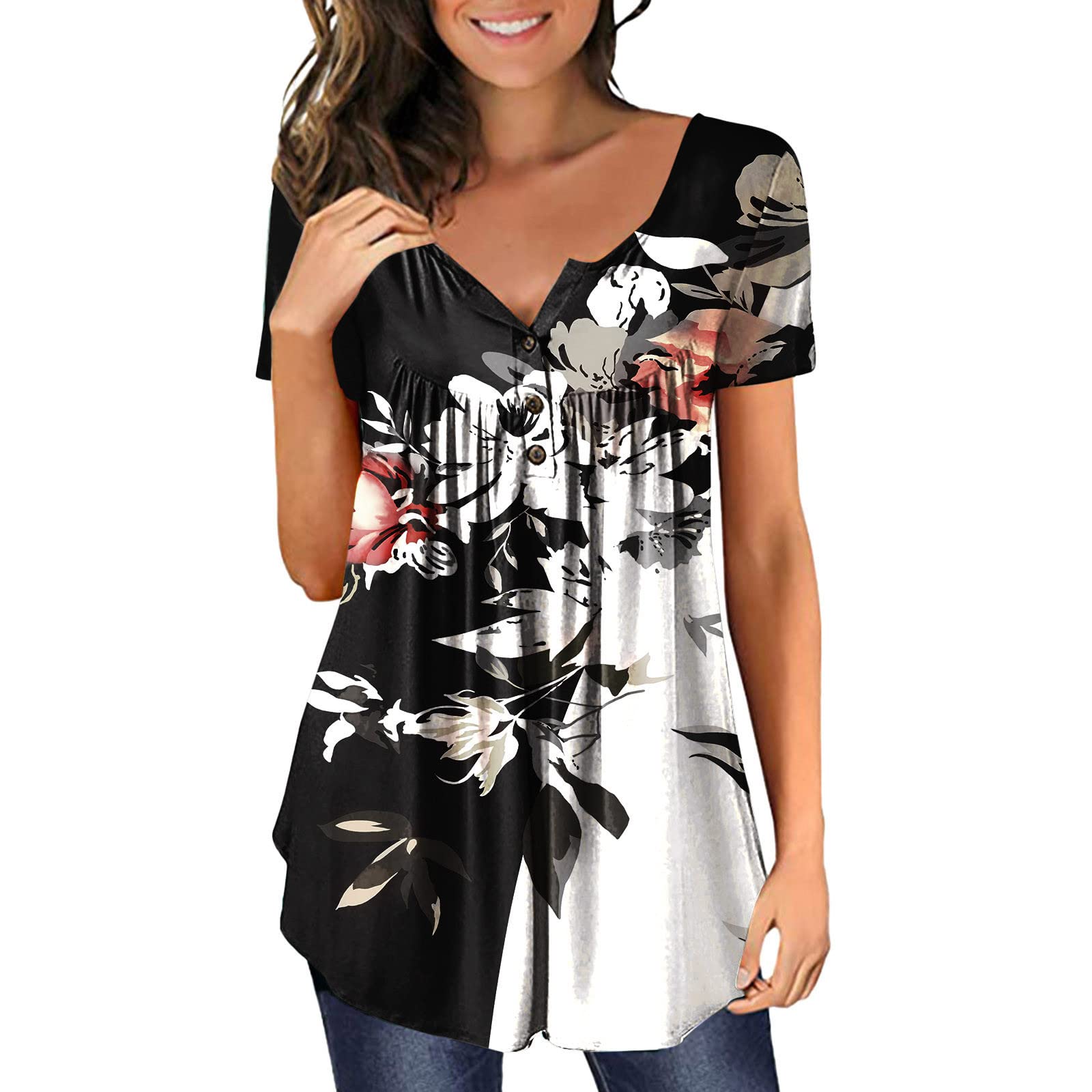Women's Plus Size Gradient Printed V-Neck Short Sleeve T-Shirt - Casual Button Pullover Top for Work, Date Night & Everyday Wear