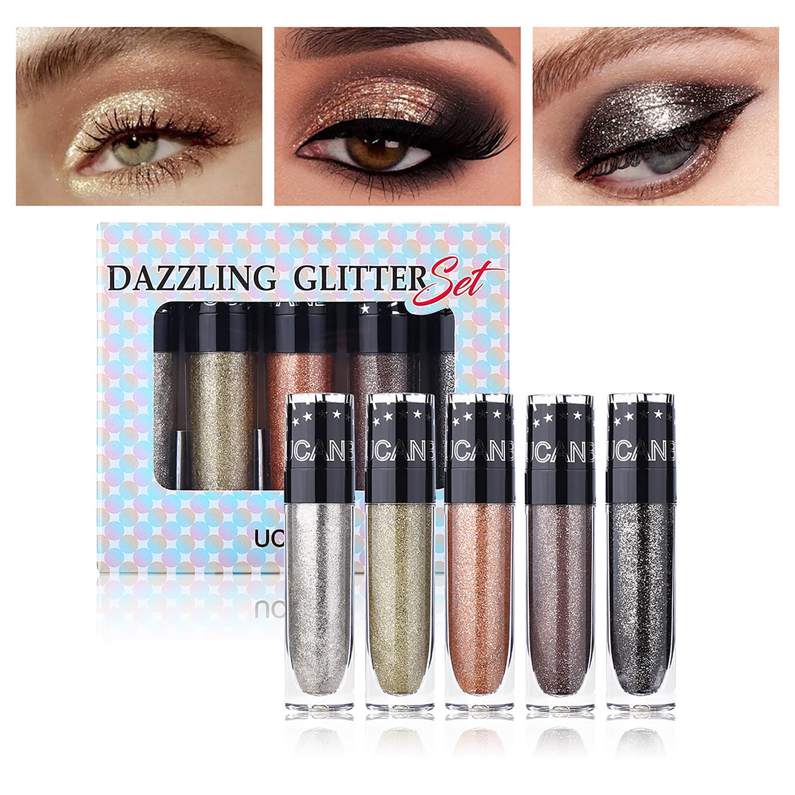 Glitter Metallic Eyeshadow Set - 5 Bold Colors for Smoky Makeup | High Pigment & Multichrome | Party & Night Out Looks