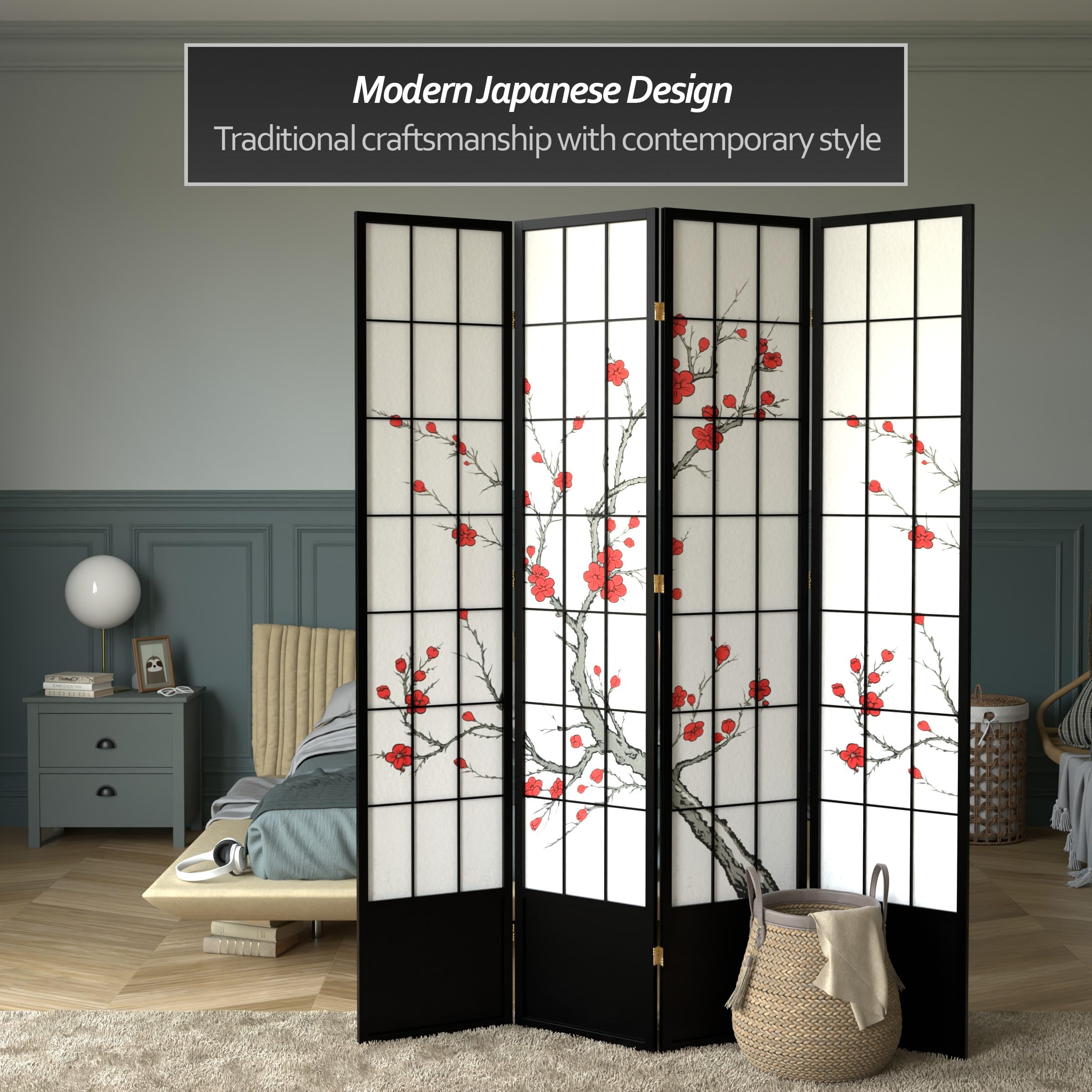 Red Lantern SS-84CBLSS-Black-4P 4-Panel Black Room Divider Screen - Perfect for Home Office, Living Room & Bedroom Privacy