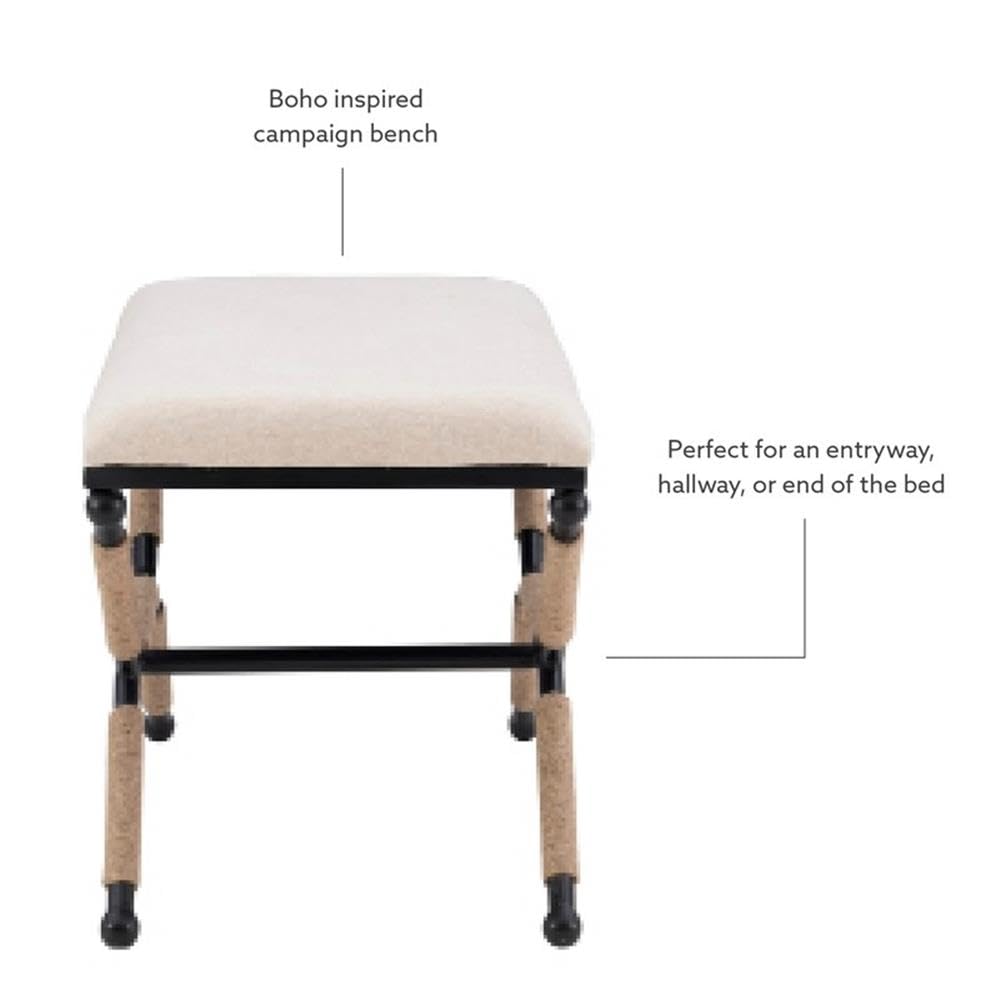 Linon Anna Campaign Accent Bench - Black Metal Legs with Cream Rope Detail - Perfect for Entryway, Bedroom or Living Room Decor
