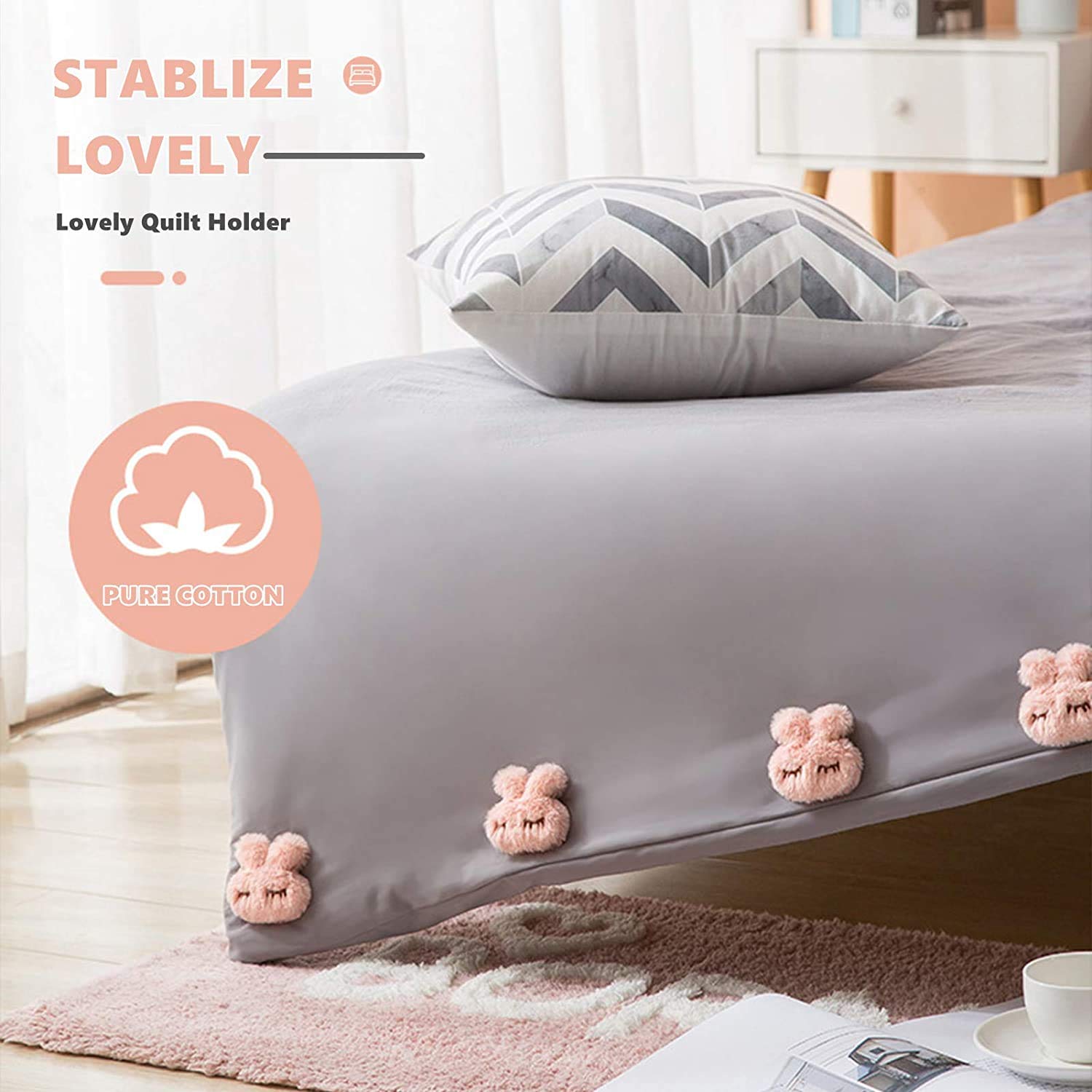 6-Pack Non-Slip Duvet Clips - Cotton Rabbit Quilt Cover Pins, Anti-Movement Comforter Fasteners & Sheet Grippers - Perfect for Bedding, Socks, Curtains & Quilt Holders (Grey) - Keep Your Bedding Neat All Night