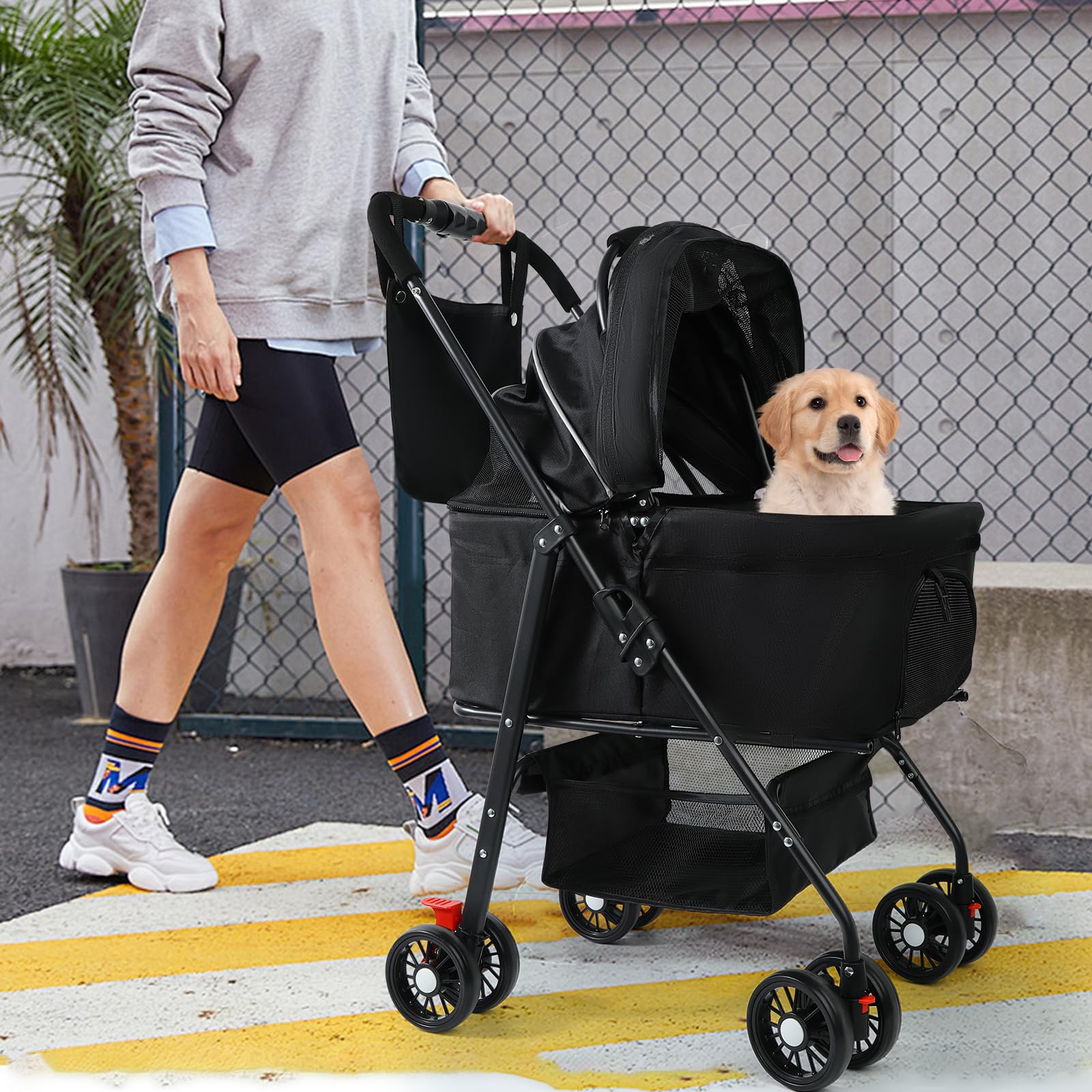 3 in 1 Foldable Pet Stroller for Small & Medium Dogs & Cats (10-50 lbs) - Removable Carrier, Storage Bag & Wheels - Perfect for Vet Visits, Shopping & Outdoor Adventures (Black)