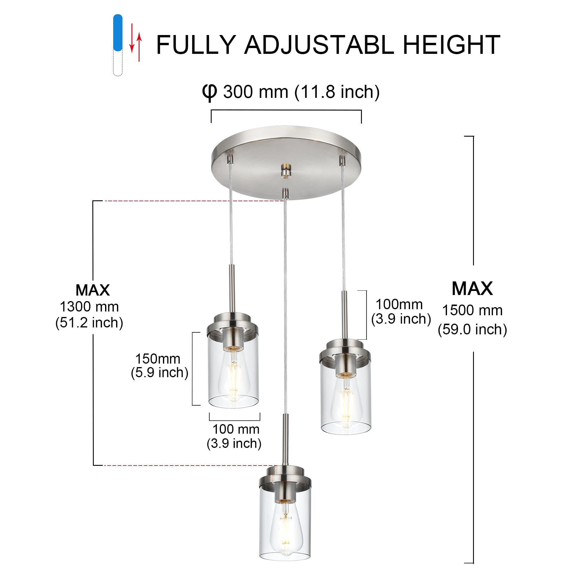 MELUCEE 3-Light Modern Chandelier for Dining Room & Kitchen Island - Brushed Nickel Finish, Adjustable Hanging Pendant Light with Clear Glass Shade - Perfect for Farmhouse, Contemporary & Transitional Home Decor
