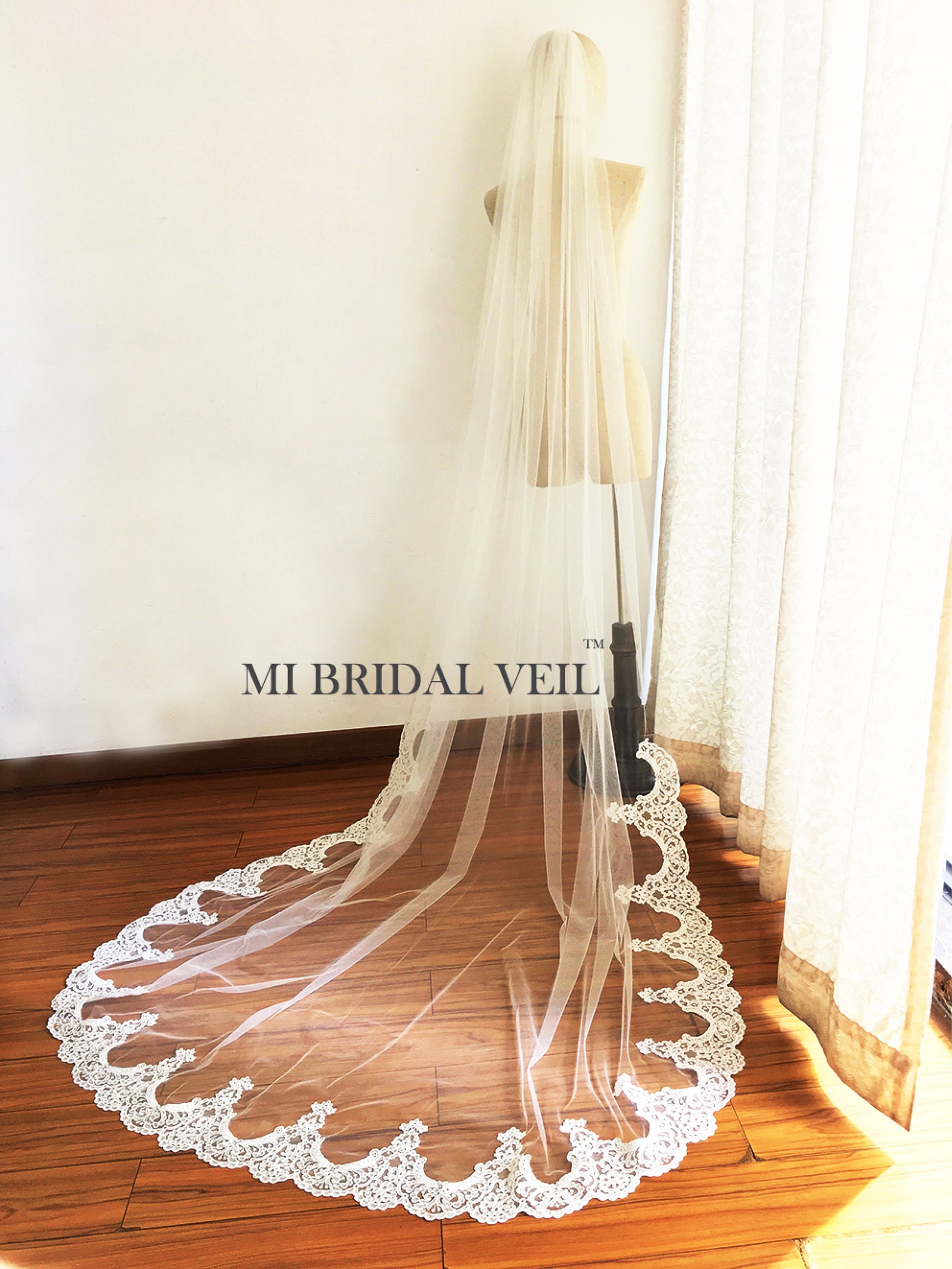 Elegant Cathedral Lace Wedding Veil - Edwardian Inspired Bridal Veil with Delicate Bottom Lace | Perfect for Vintage Weddings, Formal Ceremonies & Bridal Photography