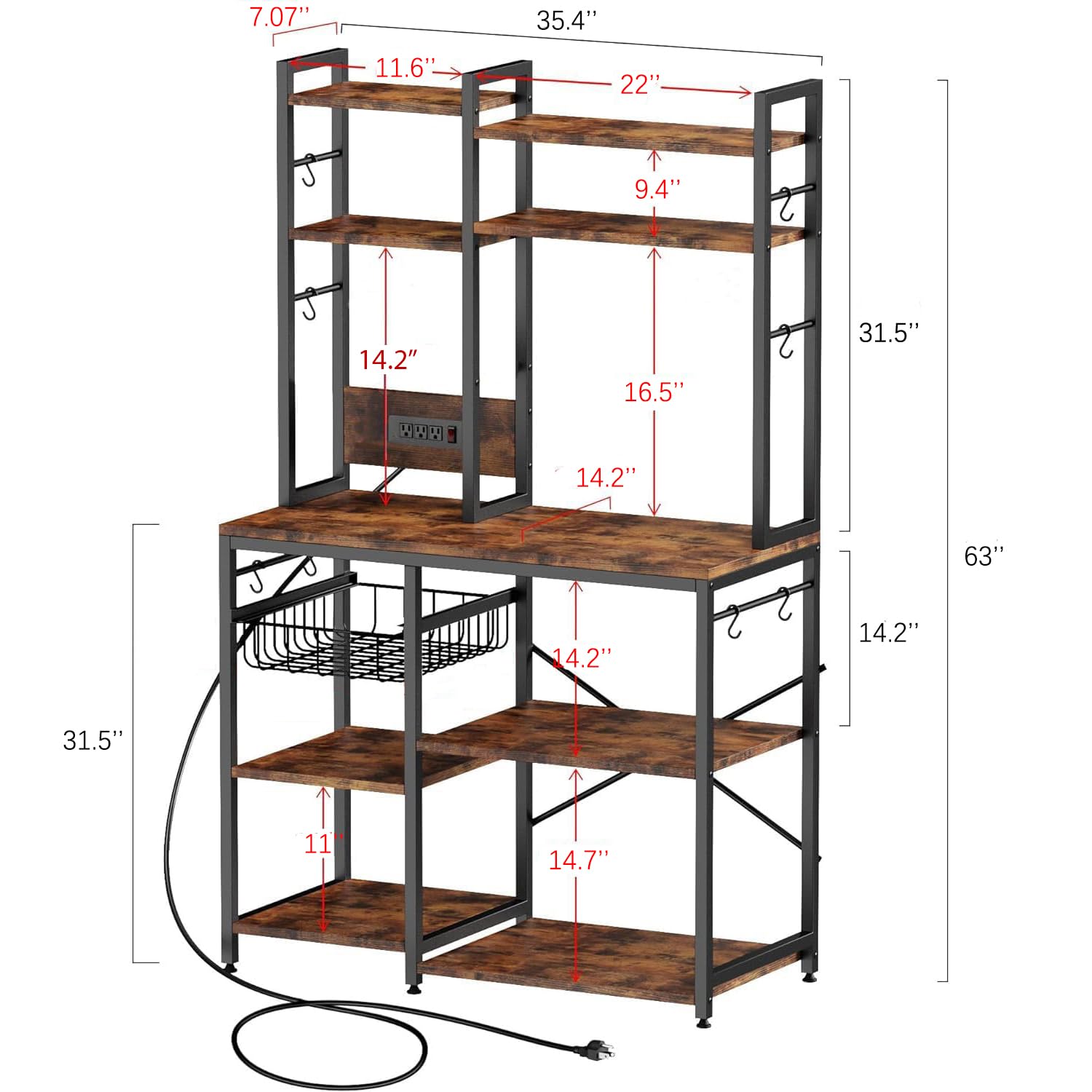Luckyeestar 6-Tier Kitchen Baker’s Rack with Power Outlet & Microwave Stand - Coffee Bar Station with 12 S-Hooks & Wire Basket - Rustic Brown Shelving Unit for Small Kitchen, Pantry Organization & Coffee Corner Setup