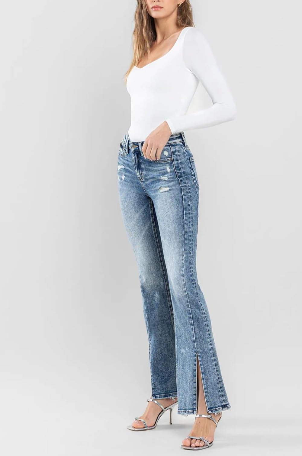 Flying Monkey F5171 High Rise Split Hem Distressed Flare Jeans for Women | Vintage 70s Inspired Denim Pants | Perfect for Casual Outfits, Music Festivals & Boho Style