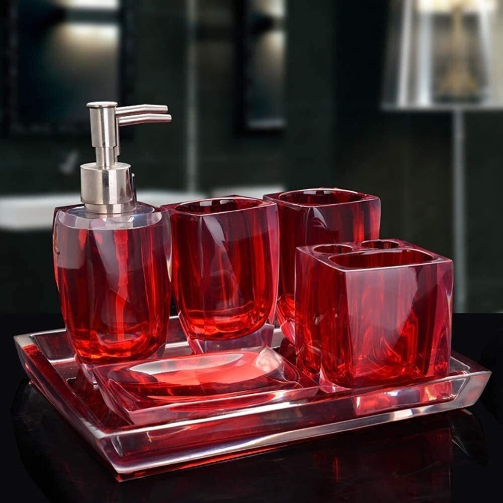 European Style Bathroom Accessory Set - Soap Dispenser, Toothbrush Holder, Glass, Tray & Soap Dish - Modern Sink Organizer for Vanity Countertop (Red) - Perfect for Guest Bathrooms, Master Suites & Apartment Decor
