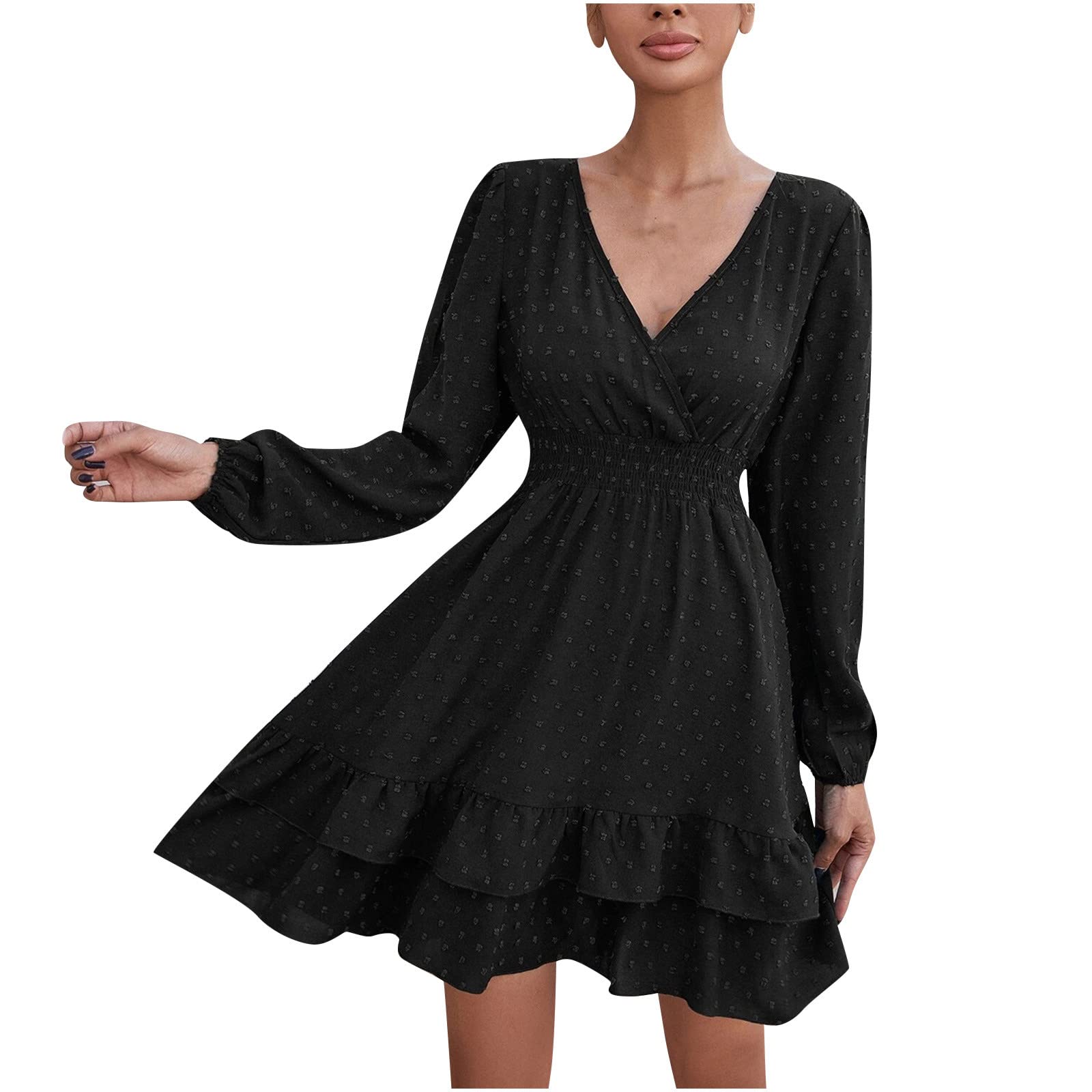 Elegant Pink Swiss Dot Long Sleeve V-Neck Dress for Women - High Waisted Ruffle Layer Casual Dress | Perfect for Office, Date Night & Special Occasions