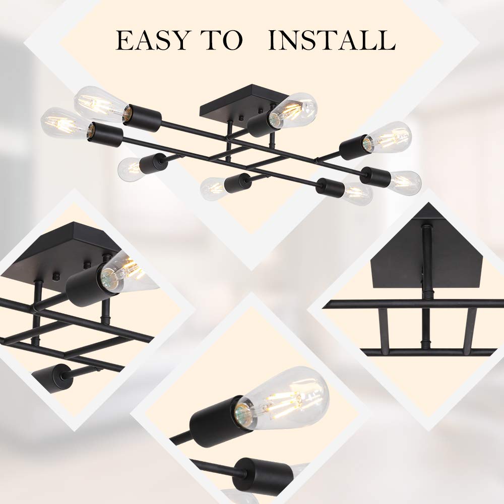 Modern Black Sputnik Chandelier - 8-Light Semi Flush Mount Ceiling Fixture for Kitchen, Bedroom, Dining & Living Room | Mid-Century Lighting for Home Decor & Interior Design