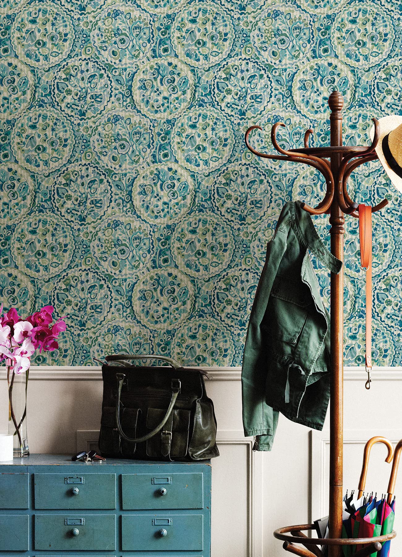 Teal Camille Peel & Stick Wallpaper - Self-Adhesive Removable Wallpaper in Blue | Perfect for Bedroom, Nursery & Home Decor