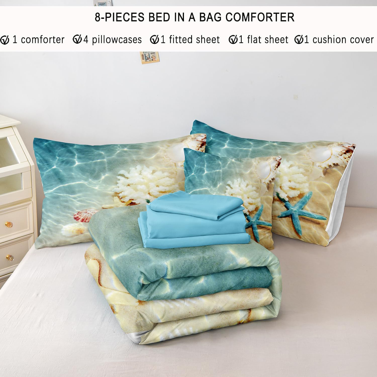 Bedbay Coastal Bedding Set 8-Piece Queen Size - Lightweight Summer Comforter & Quilt Set in Turquoise Ocean Design, Perfect for Beach-Themed Rooms, Teen Girls & Women Bedrooms | Breathable Bed in a Bag for Warm Weather & Coastal Decor