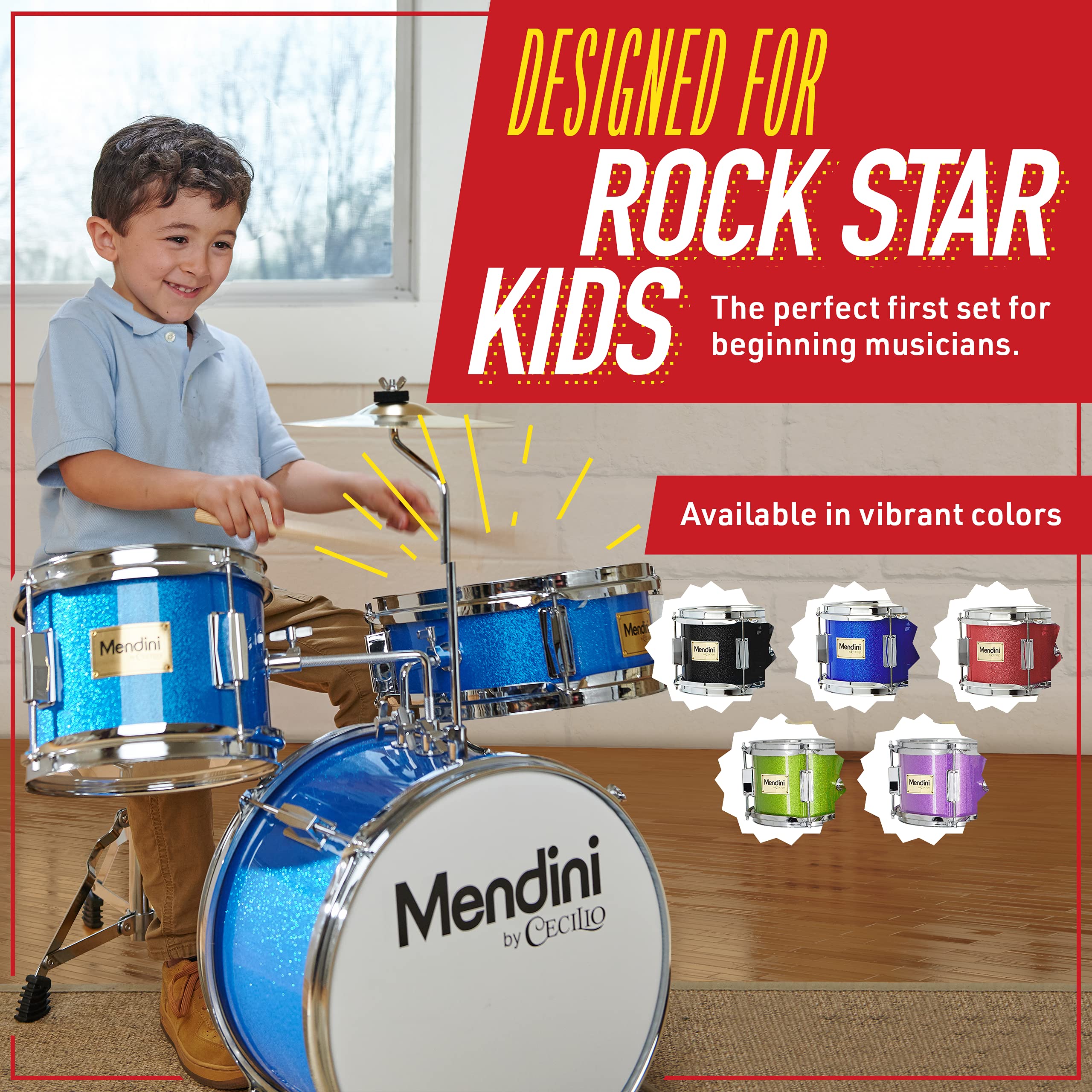 **Mendini by Cecilio Kids Drum Set - 3-Piece Junior Drum Kit for Beginners with Bass, Tom, Snare Drum, 13-Inch Drum Set Includes Snare, Cymbal, Drumsticks & Adjustable Seat (Sky Blue) - Perfect for Kids' Music Lessons, Home Practice & Birthday Gifts**