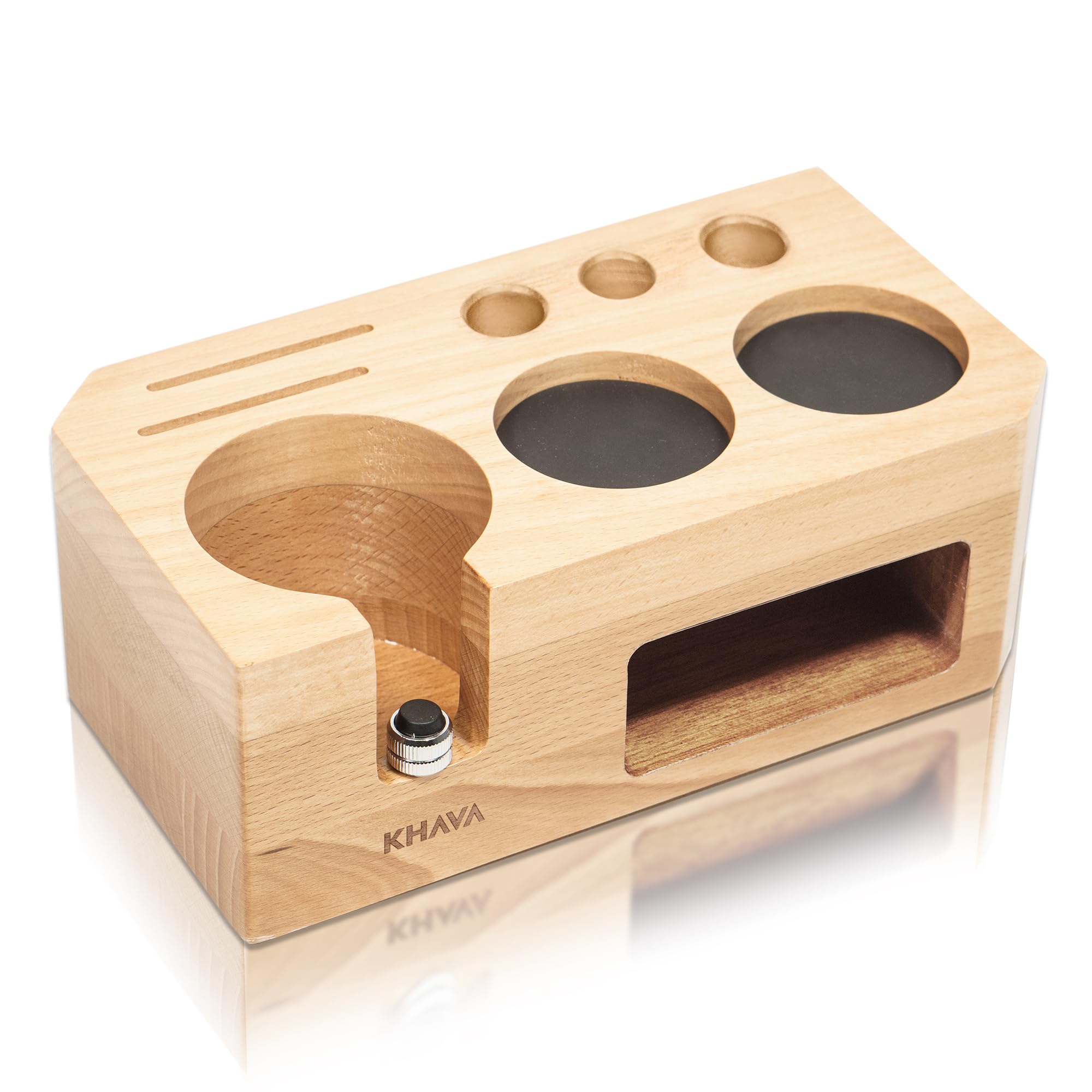 KHAVA Wooden Espresso Tamping Station 58mm - Coffee Bar Organizer for Countertop & Portafilter Holder