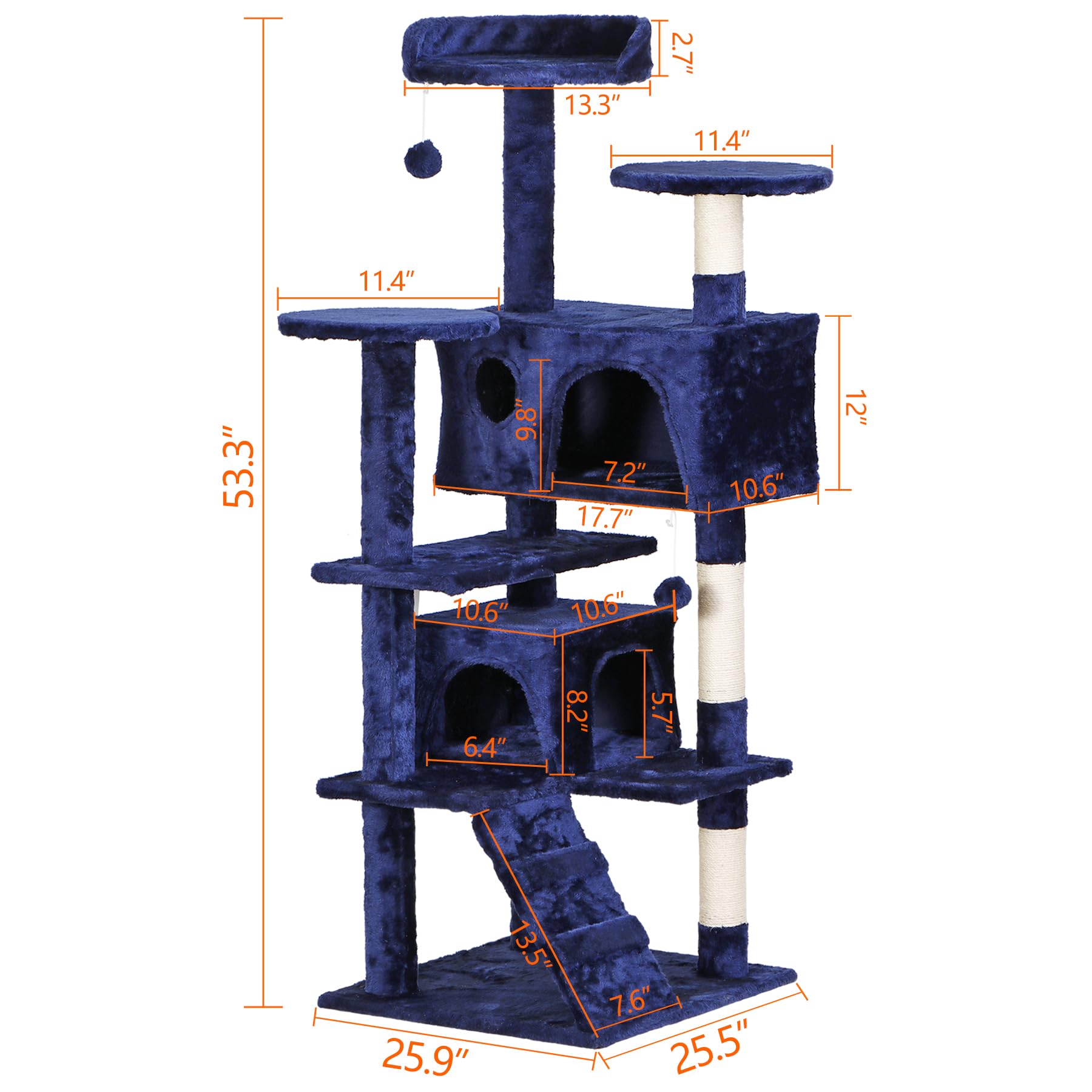 54-Inch Multi-Level Cat Tree with Scratching Posts - Large Kitten Condo Tower, Play House & Climbing Furniture for Indoor Cats - Perfect for Playtime, Scratching & Napping in Living Rooms & Bedrooms