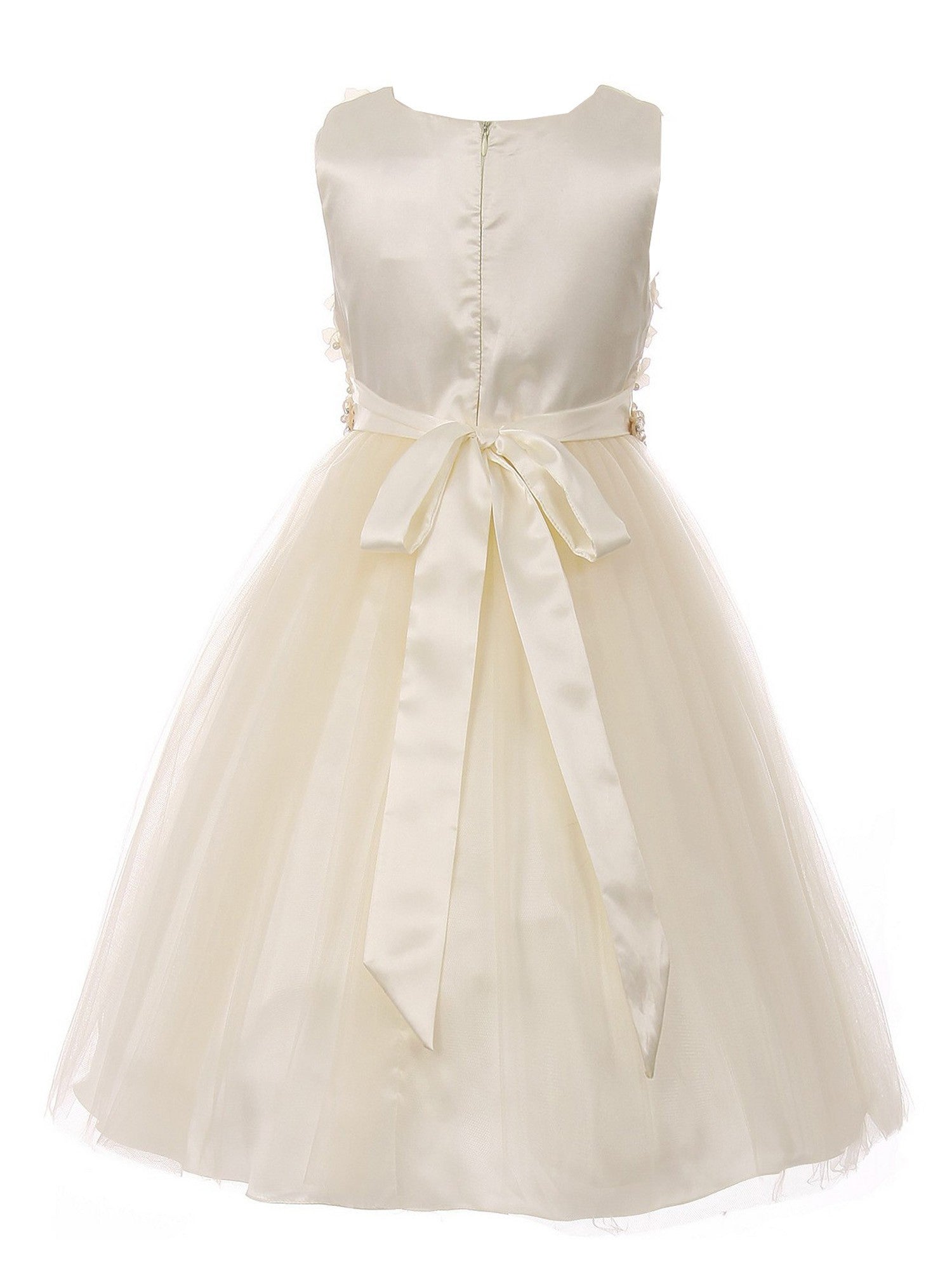 Champagne Pearl 3D Floral Accents Tulle Junior Bridesmaid Dress for Big Girls - Size 8-12 | Perfect for Weddings, Prom, and Special Occasions