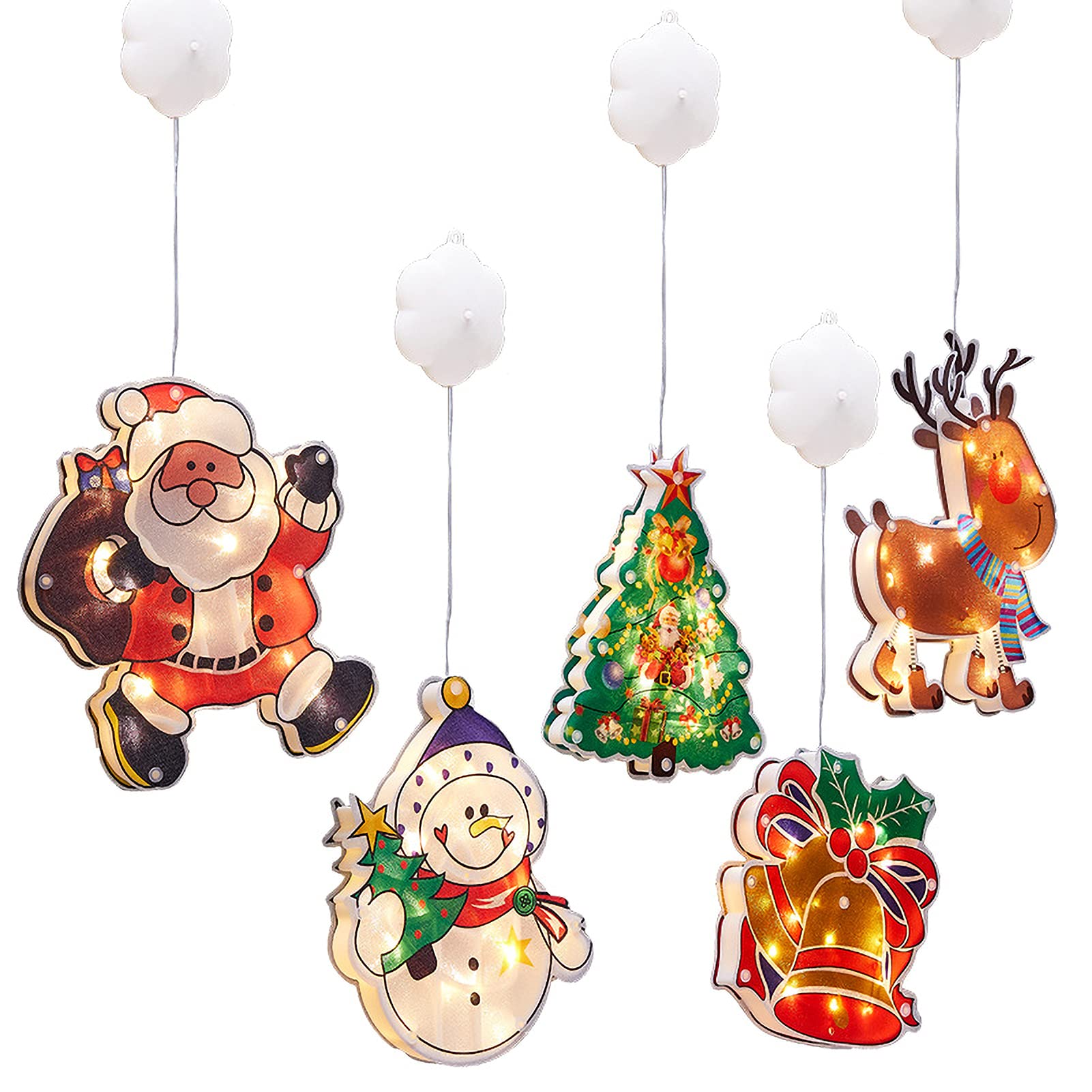 Battery Powered LED Christmas Window Lights with Suction Cup - Elk & Snowmen Xmas Tree Shaped Hanging Lights for Holiday Party Decorations | Indoor/Outdoor Christmas Decor, Home & Office Festive Lighting