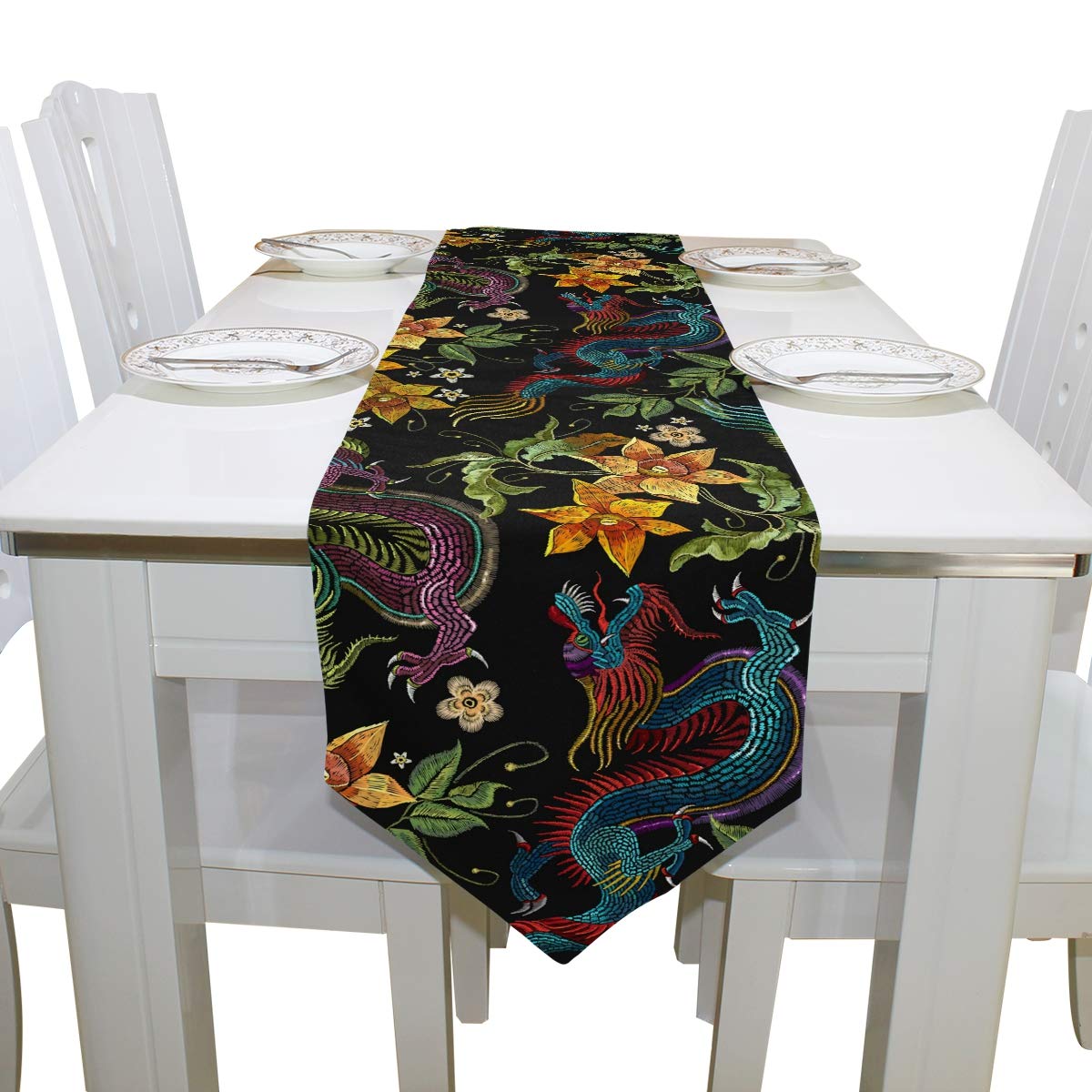 Golden Dragon Table Runner - Asian Floral Home Decor for Dining & Parties