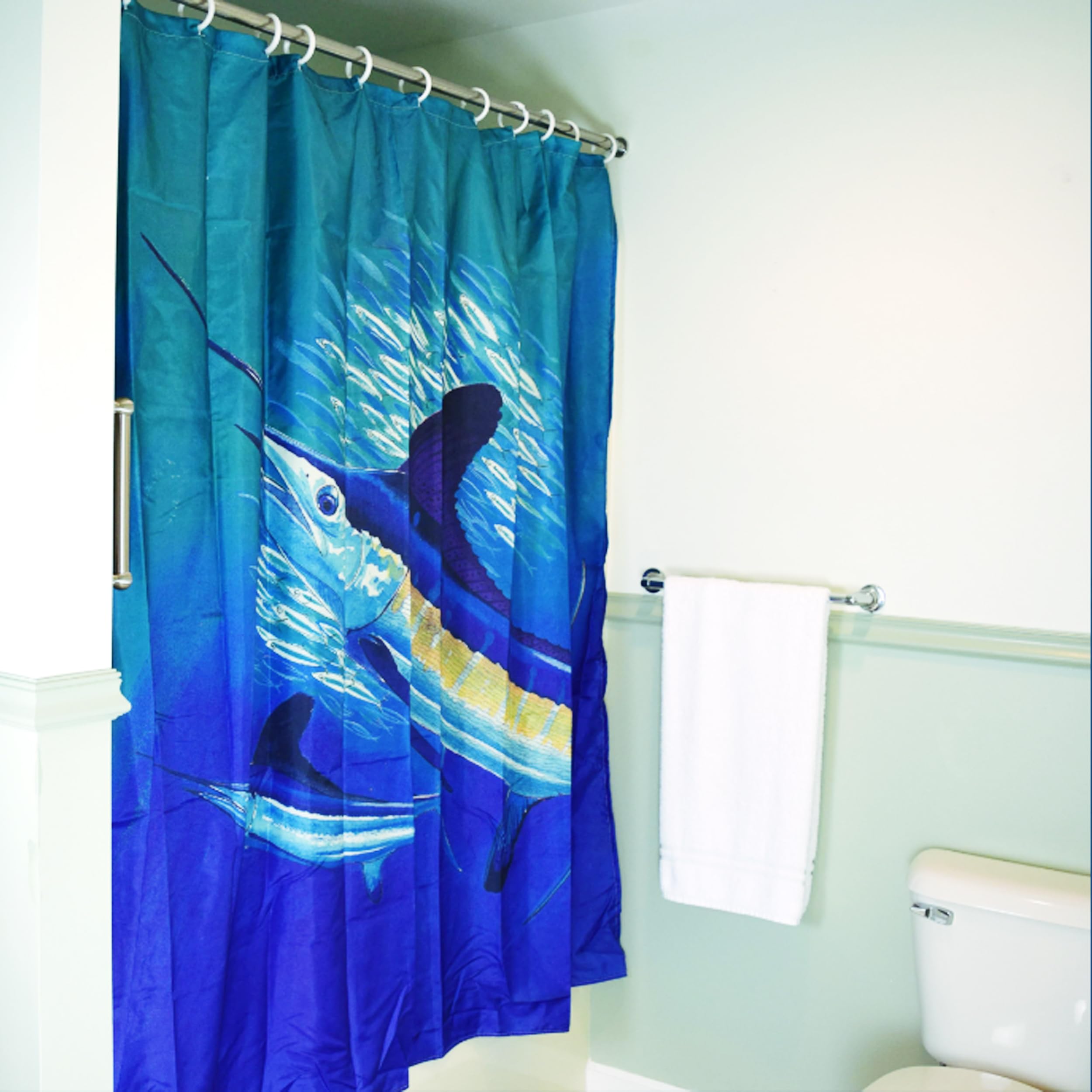 Rivers Edge Products Fish Shower Curtain - 70x72 Inches Bathroom Decor with Hooks, Marlin Design by Guy Harvey - Perfect for Beach House, Fishing Enthusiast or Nautical Theme Bathrooms