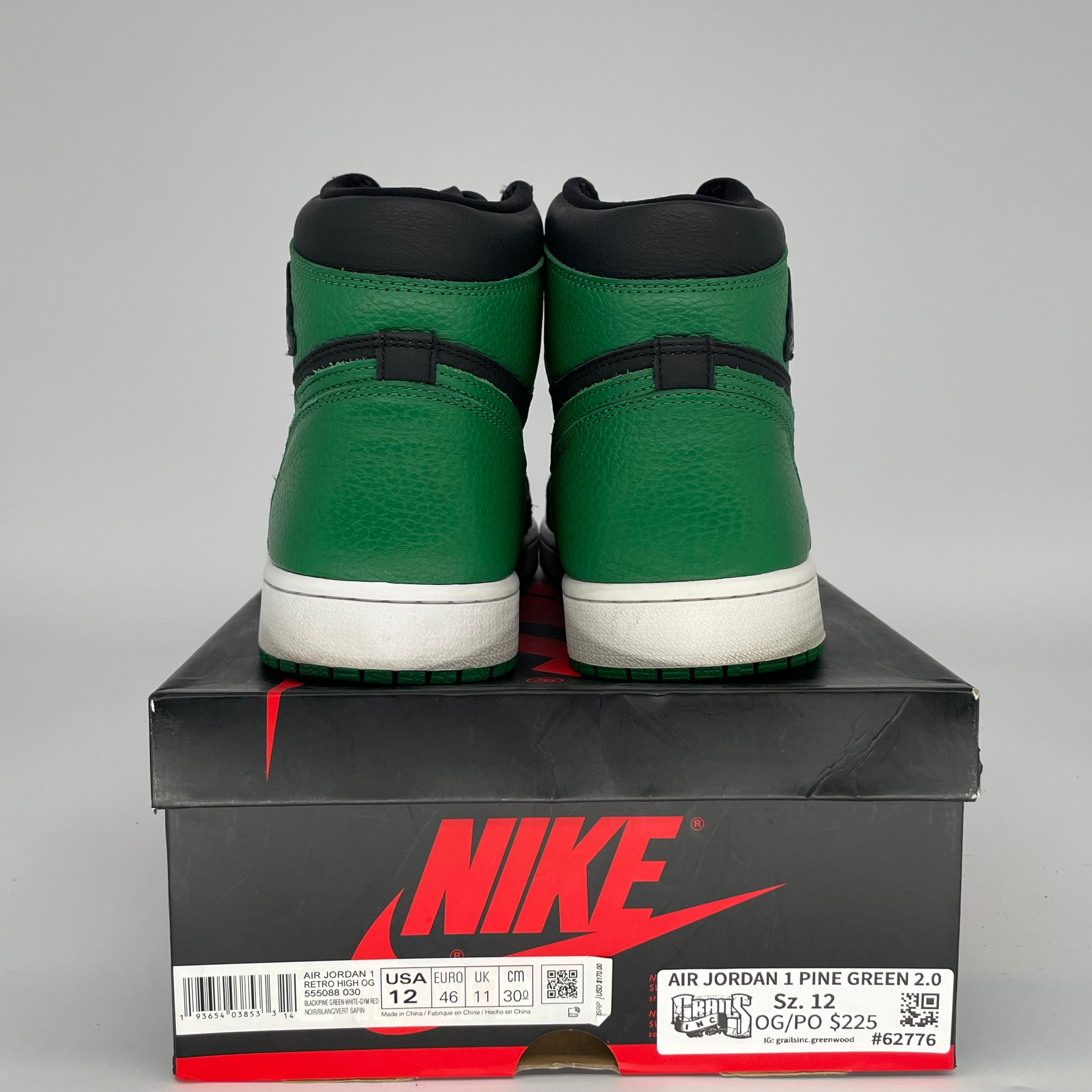 AIR JORDAN 1 PINE GREEN 2.0 Sneakers - Men's Size 12 (555088-030) - Retro High OG Basketball Shoes for Streetwear & Casual Style