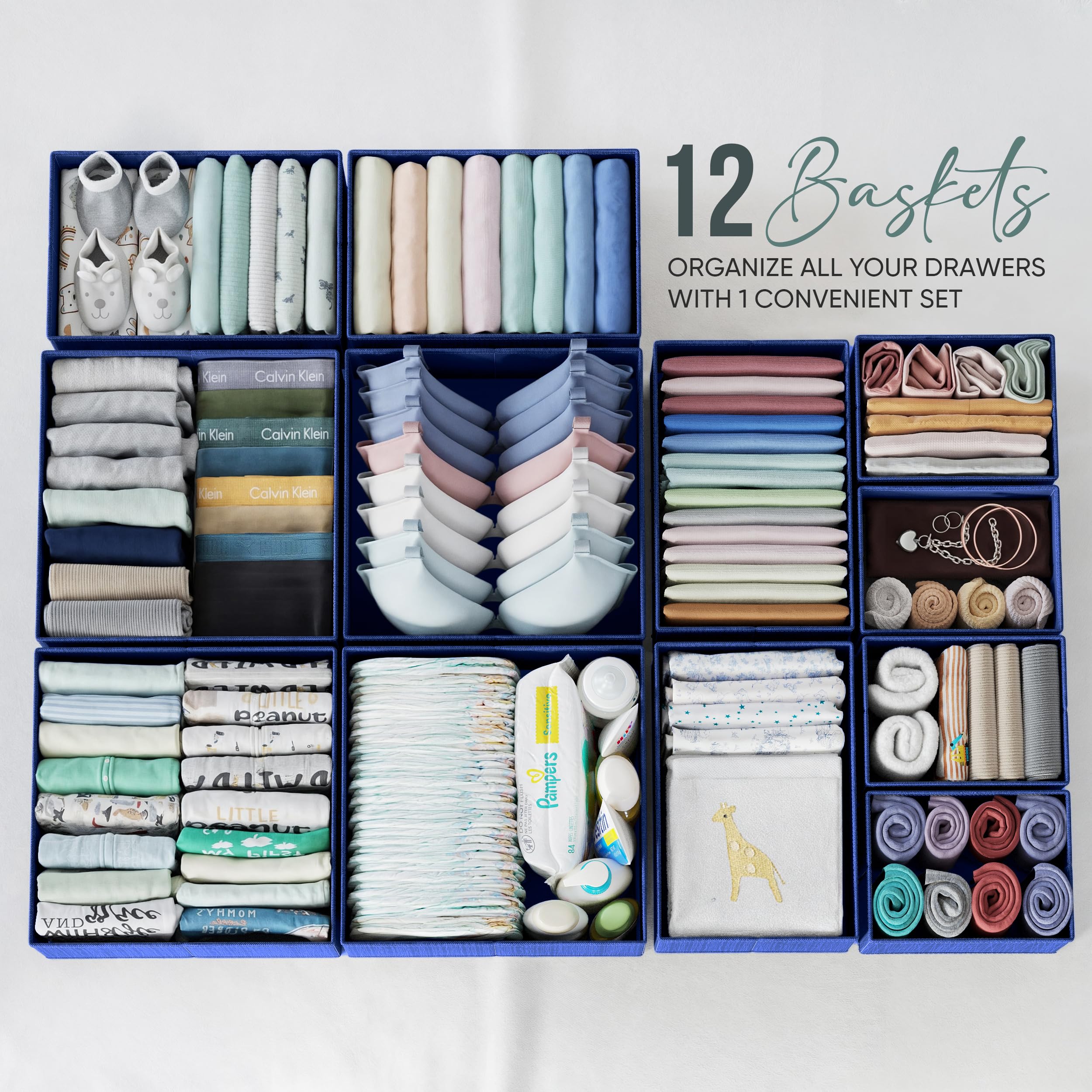 12-Piece Navy Drawer Organizer Set for Baby Clothes - Nursery Dresser Organizers, Closet Storage & Bedroom Organization | Perfect for Newborn Wardrobe, Toddler Clothing & General Home Organization