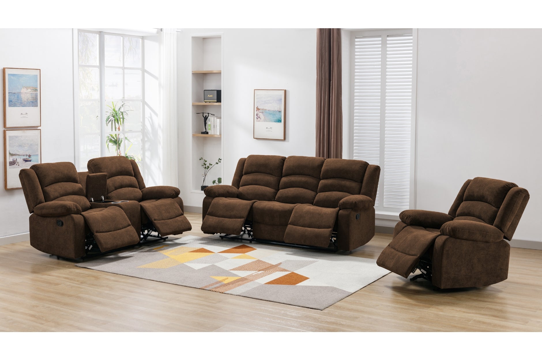 Comfortable Brown Reclining Sofa Set - 3-Piece Leather Living Room Furniture for Relaxation & Movie Nights