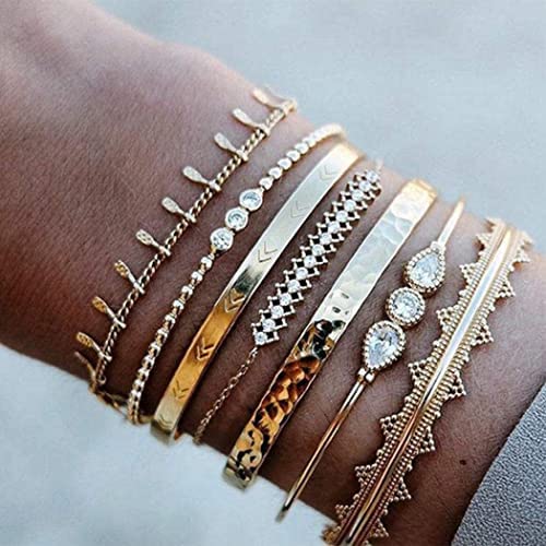 Boho Crystal Bracelets Set for Women - 7 Pcs Gold Layered Tassel Bangle Rhinestone Hand Chain Jewelry | Perfect for Festival, Party, Wedding & Everyday Wear