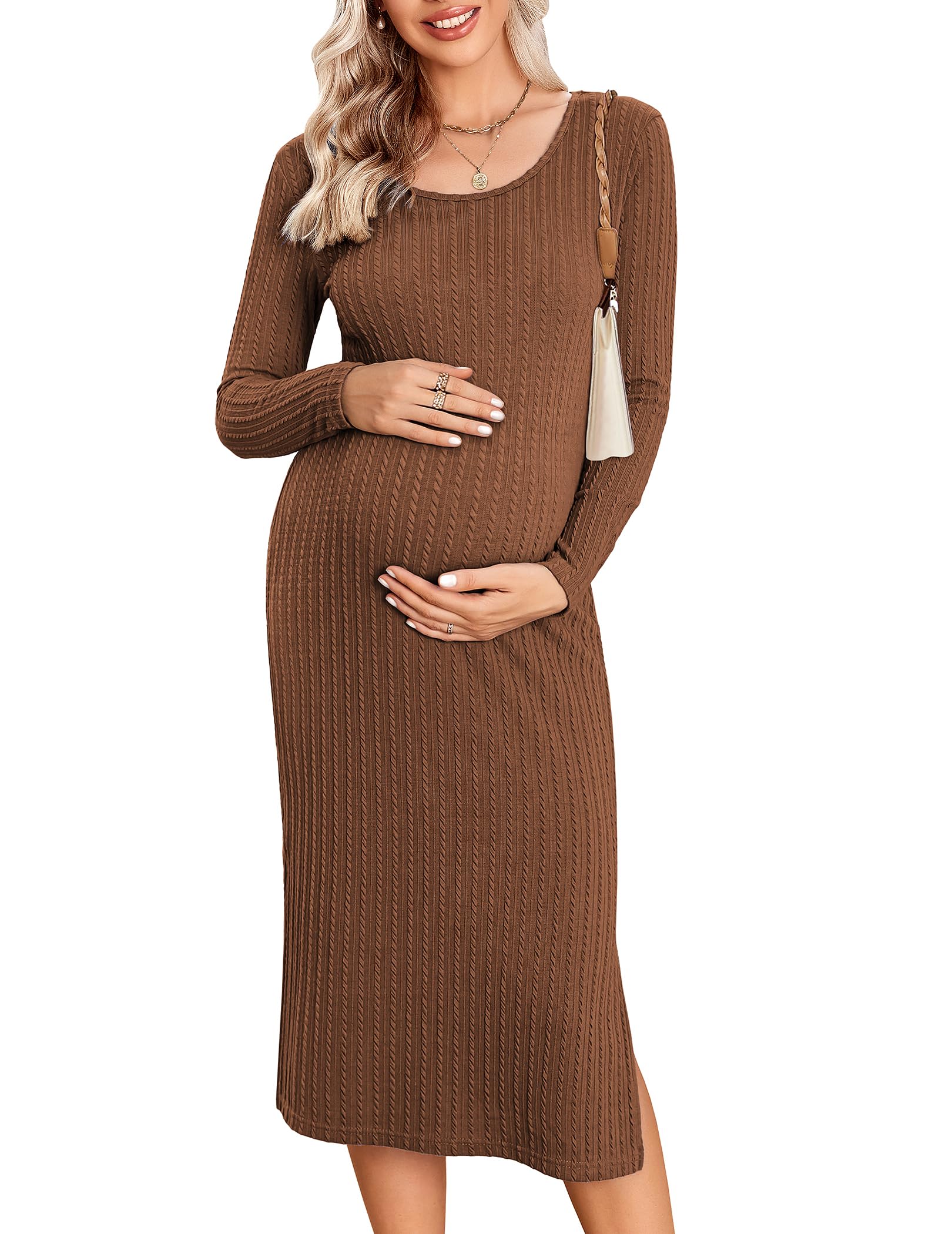 Ekouaer Maternity Dress - Rib Knit Long Sleeve Bodycon Pregnancy Dress with Side Slit for Baby Shower & Nursing | S-XXL | Perfect for Pregnancy Photos, Maternity Leave & Special Occasions