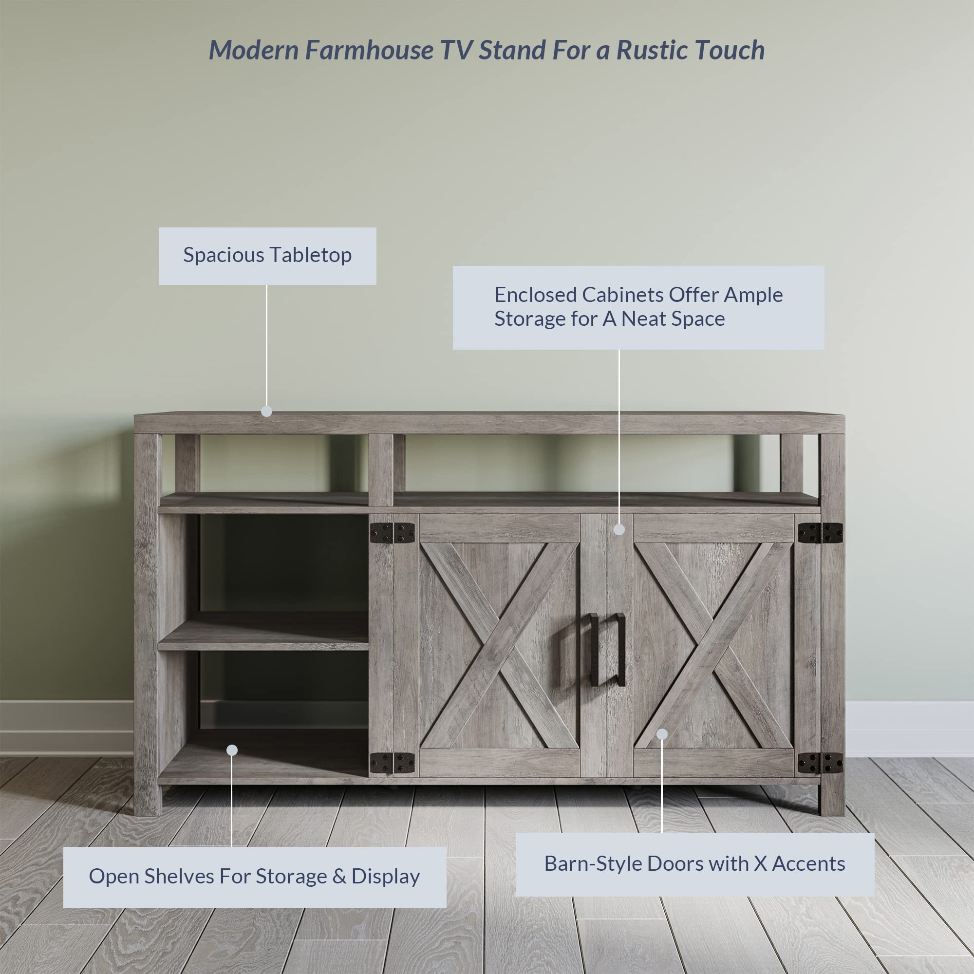 BELLEZE 58 Inch TV Stand for 65 Inch TVs - Modern Entertainment Center with Storage Shelves & Cabinet - Wood Media Console Table for Living Room & Bedroom - Gray Wash - Perfect for Home Theater Setup & Living Room Organization