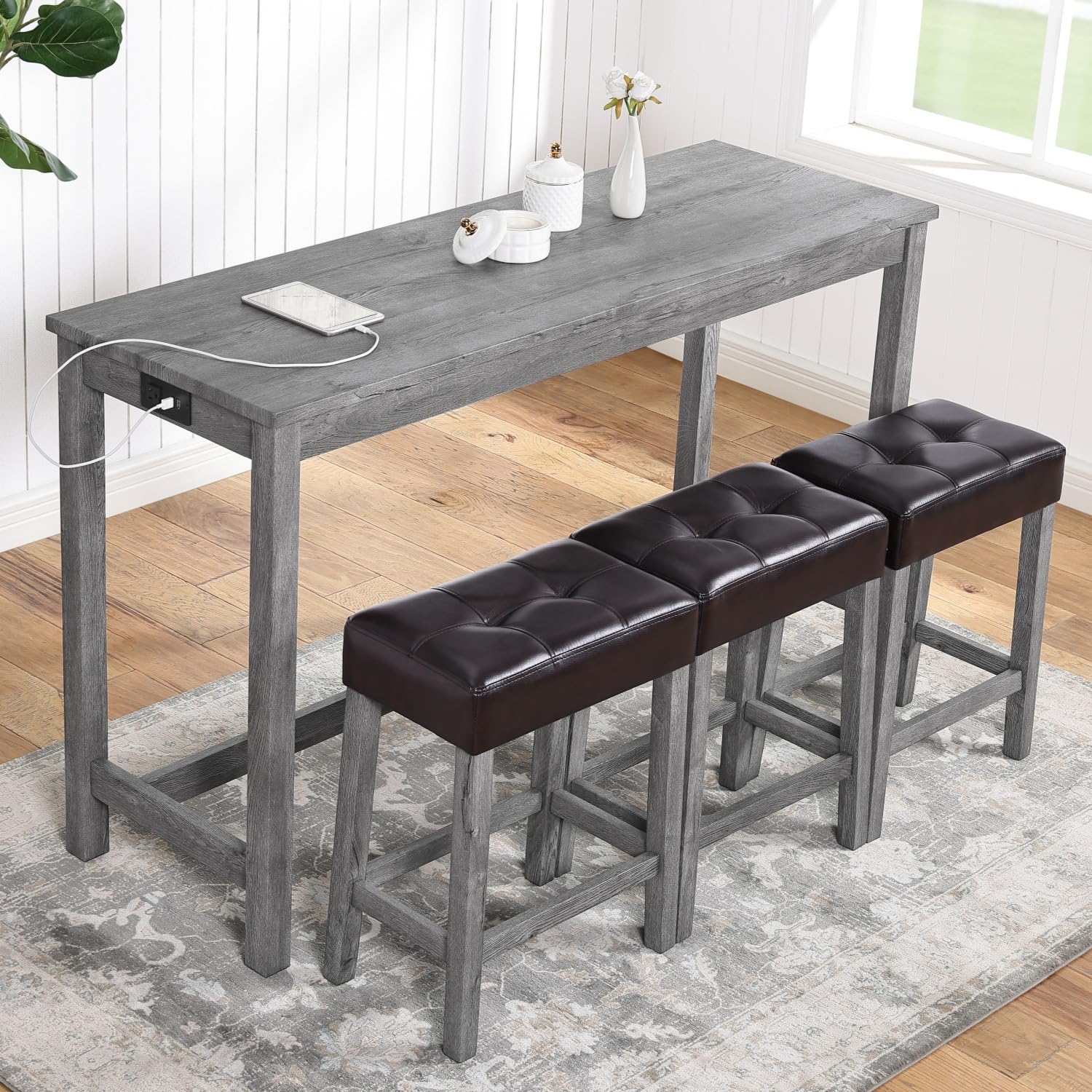Solid Wood Counter Height Pub Table Set for 3 with Upholstered Stools, MDF Top Rectangular Bar Table with Charging Ports, Perfect for Kitchen, Dining Room, Living Room, and Small Spaces