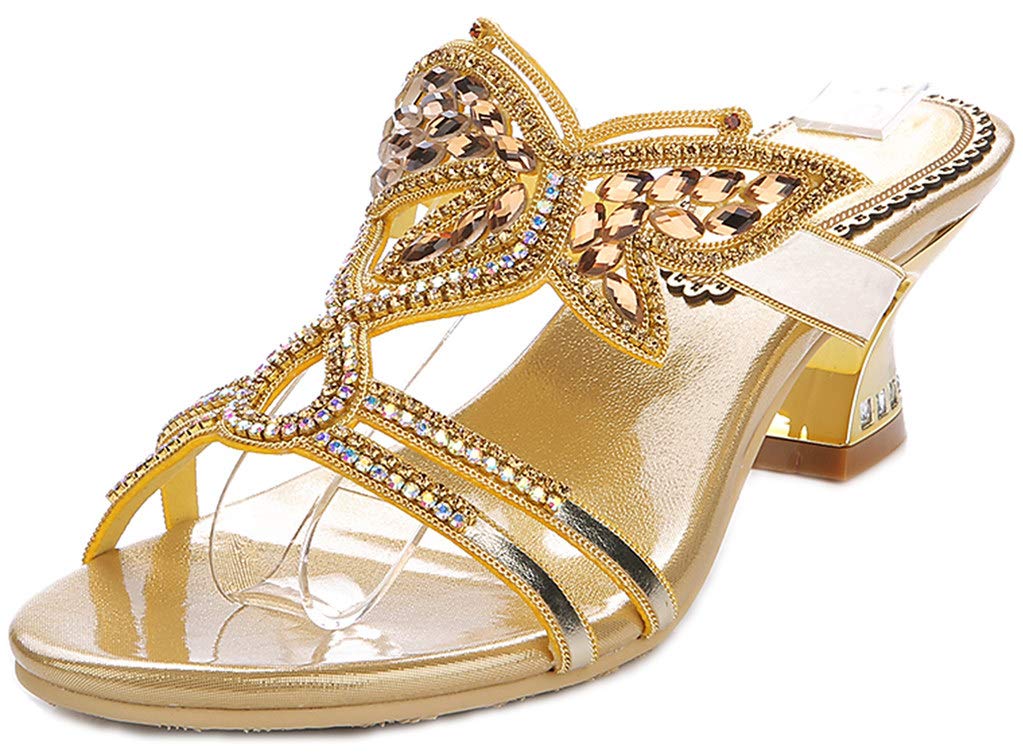 LizFoYa Women's Rhinestone Strappy Slip-On Dress Sandals with Butterfly Design - Comfortable Casual Heels for Parties, Weddings & Summer Outings