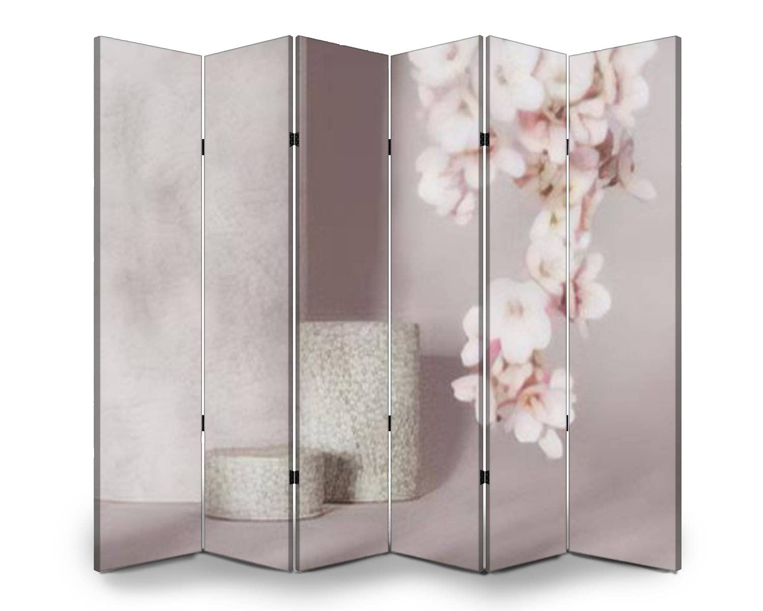 3D Stone Podium Wood Screen Room Divider - Pastel Pink Cherry Blossom Flower Branch Folding Privacy Partition Panels, Dual-Sided Wall Divider for Indoor Display Shelves (6 Panels) | Perfect for Home Office, Bedroom Separation & Asian-Themed Decor