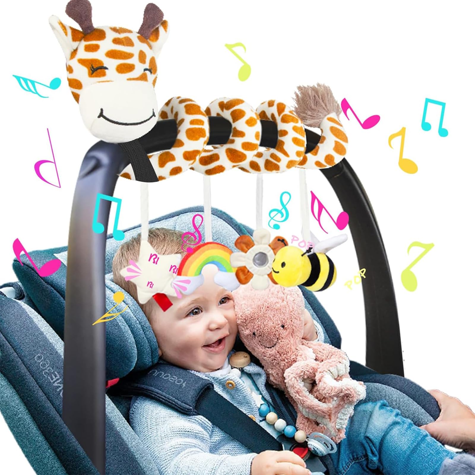 Soft Spiral Stuffed Giraffe Car Seat Toy for Babies 0-6 Months - Hanging Stroller Activity Toy with Bee Rattle, Flower Mirror, Rainbow Cloud & Star Bibi - Perfect Baby Shower Gift for Newborns & Infant Car Seat Entertainment