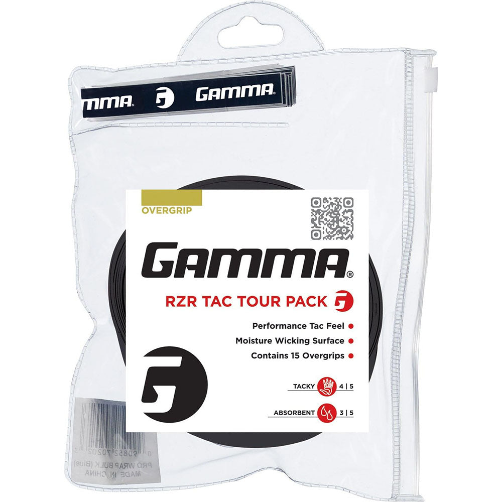 Gamma RZR Tac Tour Overgrip 15 Pack (Black) - Premium Tennis & Racquetball Grip Tape for Enhanced Control & Comfort - Perfect for Tennis, Badminton, Squash & Pickleball Players