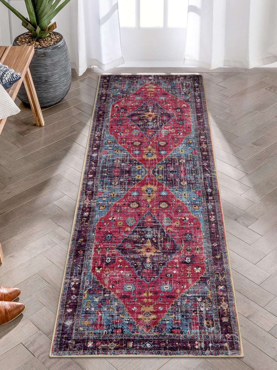 Lahome 2x6 Non-Slip Washable Runner Rug for Hallway, Kitchen, Entryway, Bathroom & Laundry - Machine Washable Oriental Print Carpet in Hot Pink | Perfect for High-Traffic Areas & Home Decor
