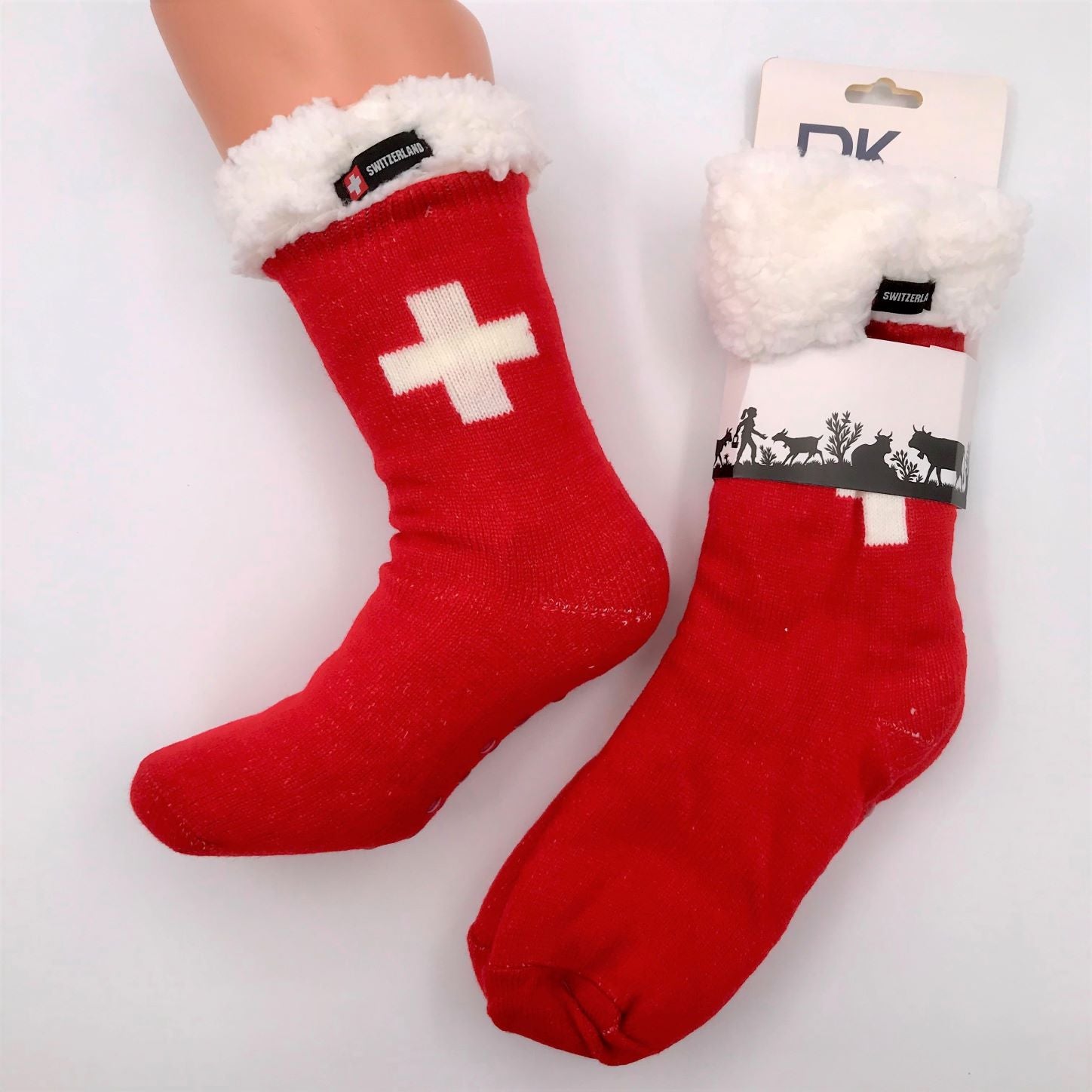 Premium Swiss Alpine Hut Socks with Classic Swiss Cross Design - Warm Wool Hiking Socks for Men & Women - Perfect for Winter Sports, Skiing & Outdoor Adventures