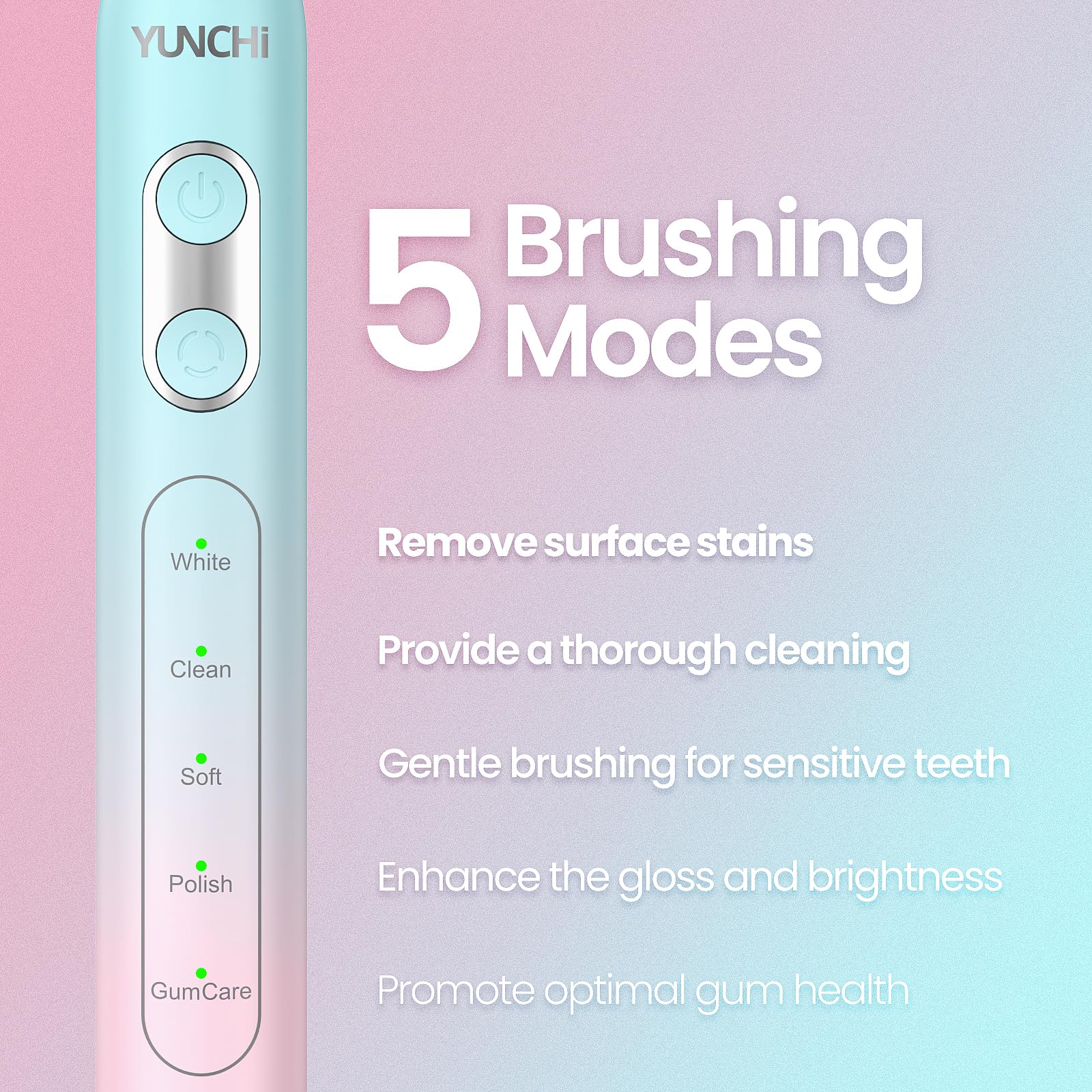 YUNCHI Sonic Electric Toothbrush for Adults & Kids - Rechargeable Toothbrush with 5 Cleaning Modes, 2-Minute Smart Timer & Travel Case - Pink & Blue Gradient - Perfect for Home, Travel & Family Oral Care