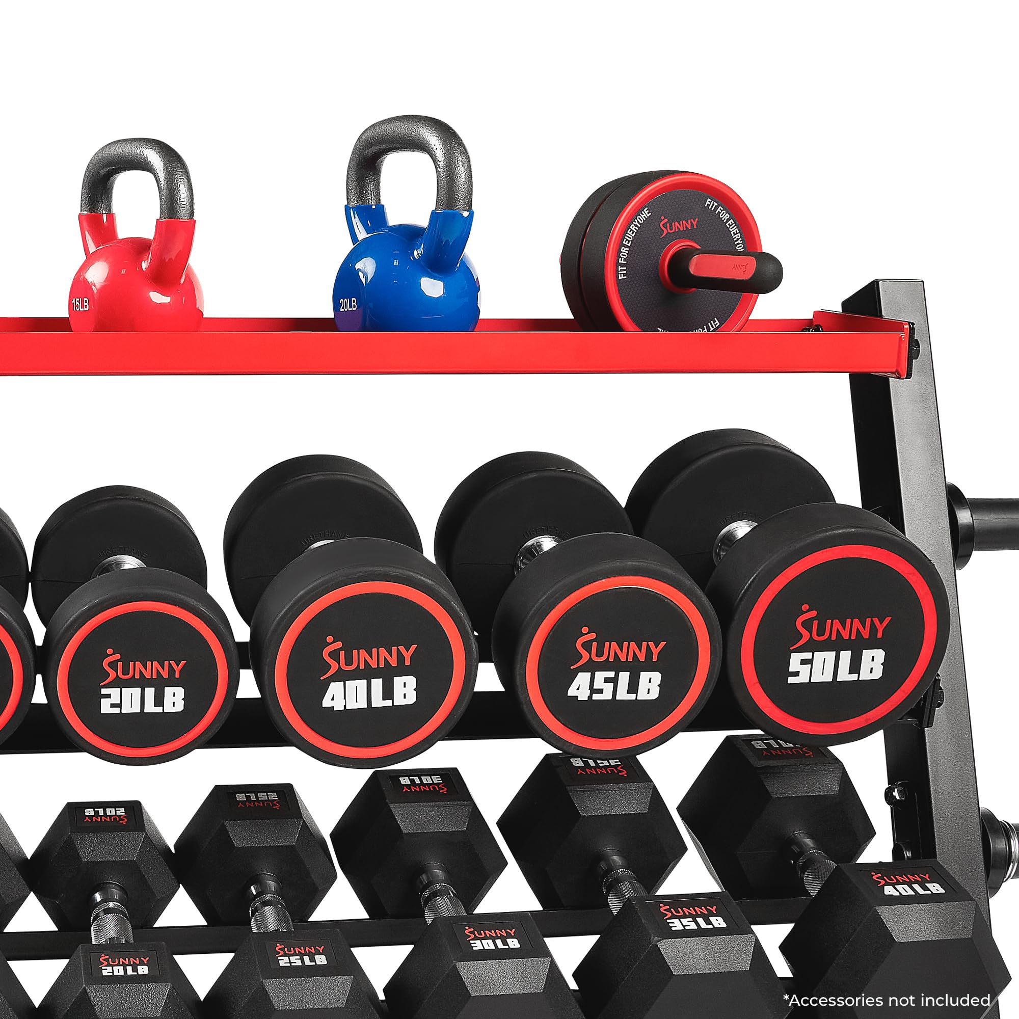 Sunny Health & Fitness Multi-Weight Storage Rack Stand - Organize Dumbbells, Kettlebells, Olympic Plates & Barbells - Perfect for Home Gym & Garage Workouts