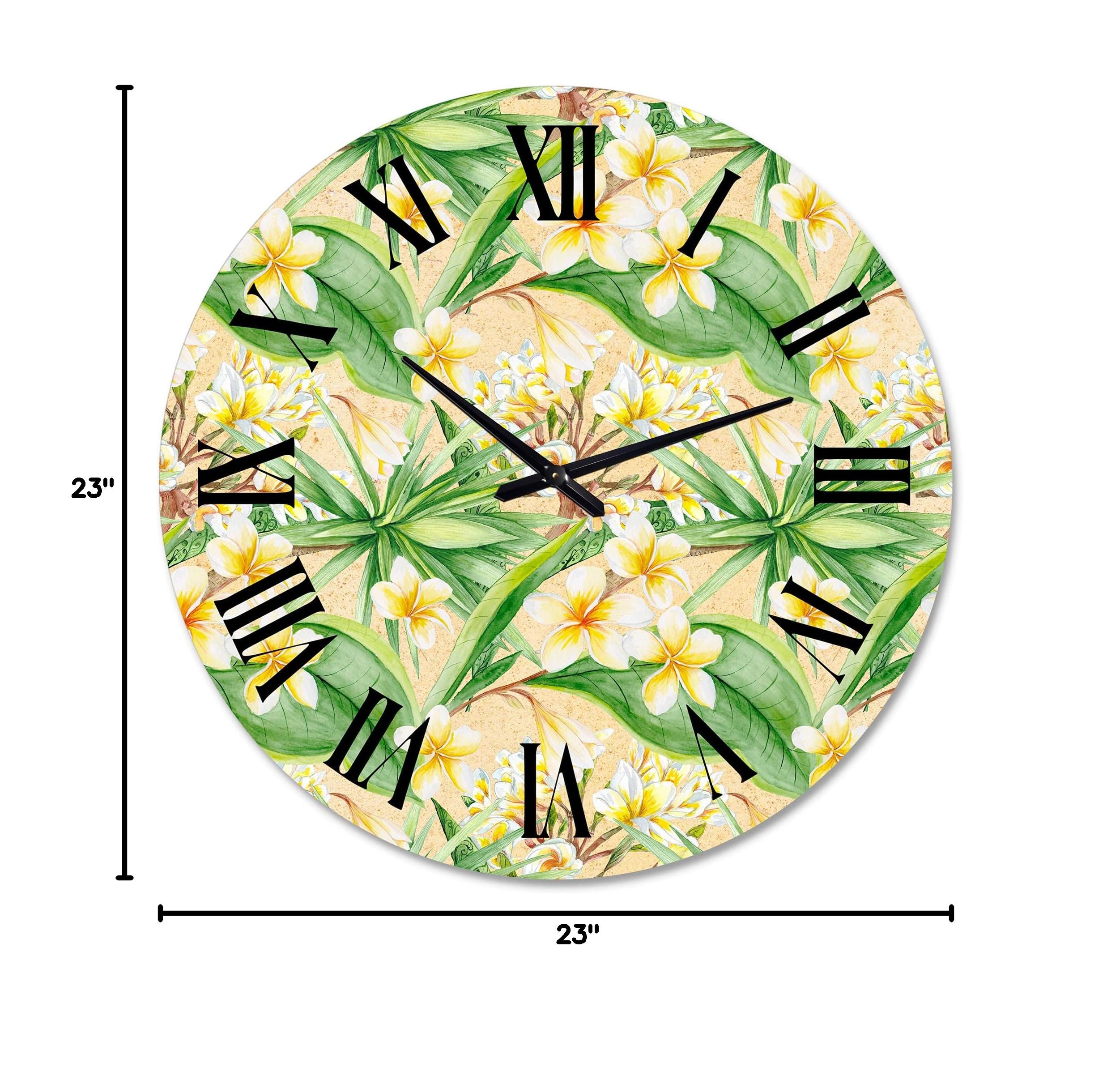 Tropical Foliage & Yellow Flowers Wall Clock - Large Modern Botanical Decor for Living Room, Bedroom & Office | Silent Non-Ticking Home Decoration