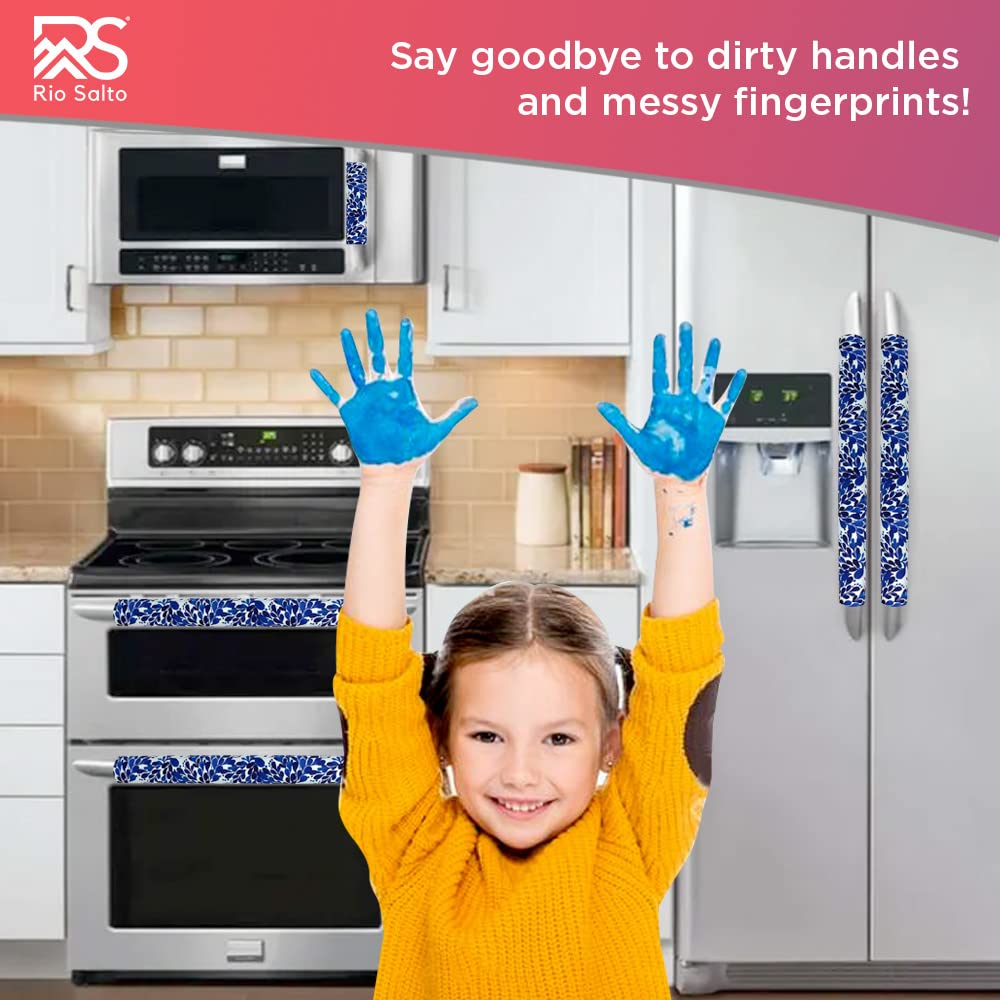 Rio Salto 5-Piece Refrigerator Door Handle Covers Set - Stylish Kitchen Appliance Protectors for Fridge, Stove, Oven, Dishwasher & Microwave - Non-Slip Grip & Decorative Blue Garden Design - Perfect for Home Kitchen Organization & Safety