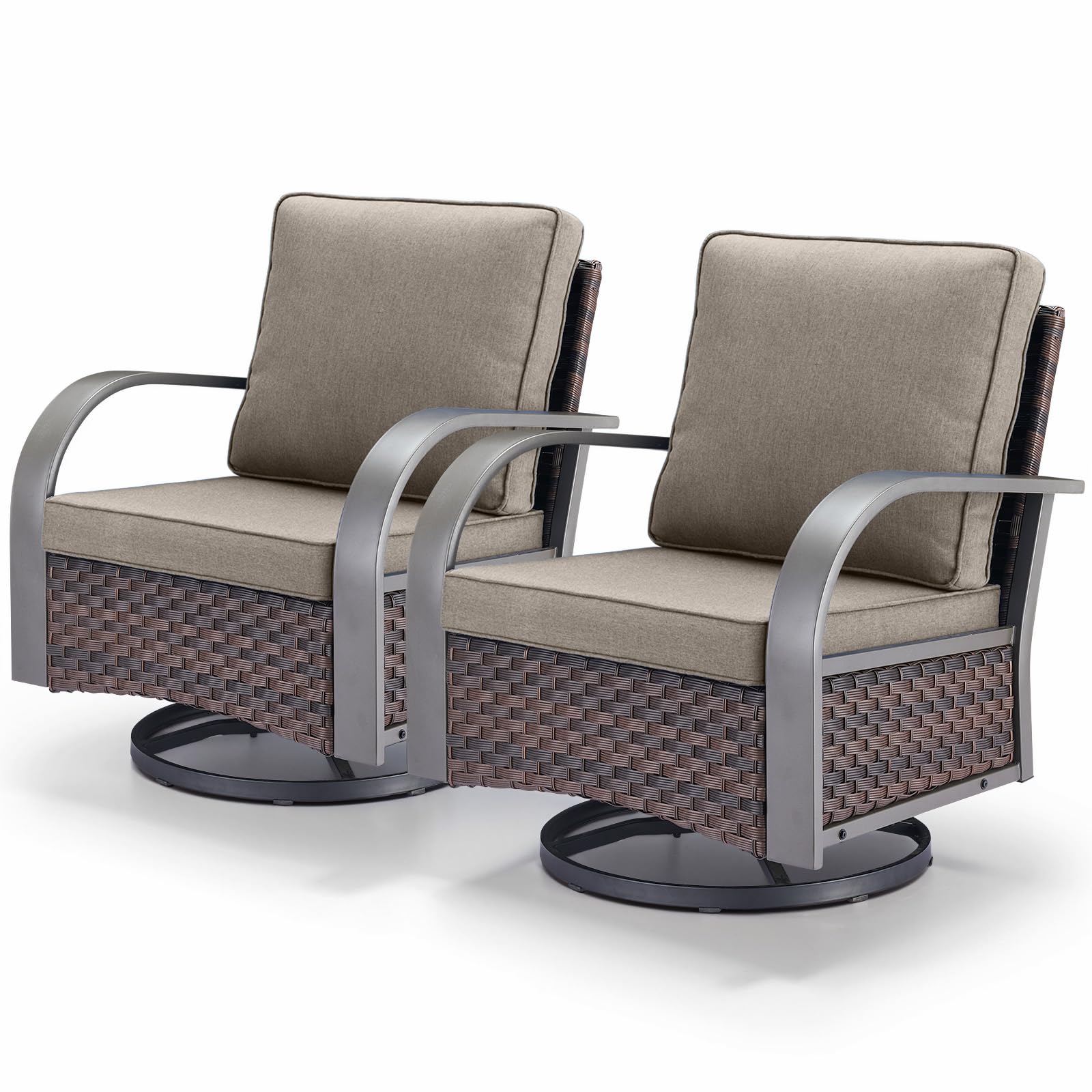 Heavy Duty Outdoor Swivel Rocking Chairs Set of 2 - Wide Metal Armrests & Removable Cushions - All-Weather Wicker Patio Furniture for Porch, Sunroom, Deck, Garden & Backyard Relaxation