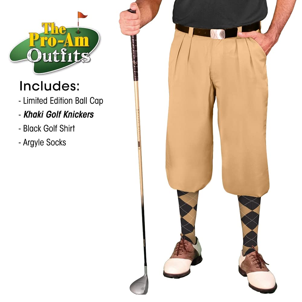 Men's Khaki Microfiber Outfit Set - Limited Edition Ball Cap, Over-The-Calf Argyle Socks & Black Golf Shirt | Casual Wear, Golfing & Outdoor Activities