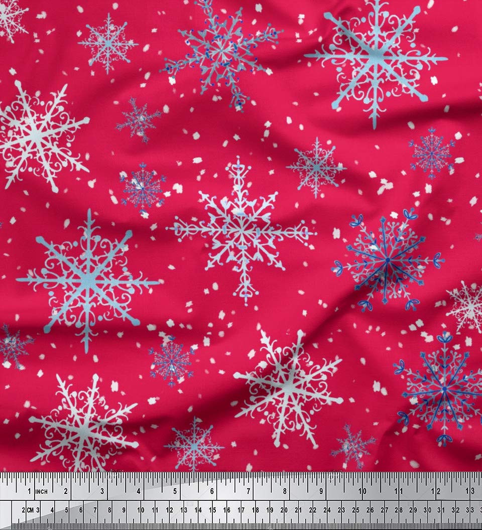 Soimoi Moss Georgette Pink Fabric by The Yard - 42 Inch Wide Printed Fabric with Snowflakes & Stars Pattern - Winter Whimsy Design for Dresses, Scarves, DIY Crafts & Home Decor Projects