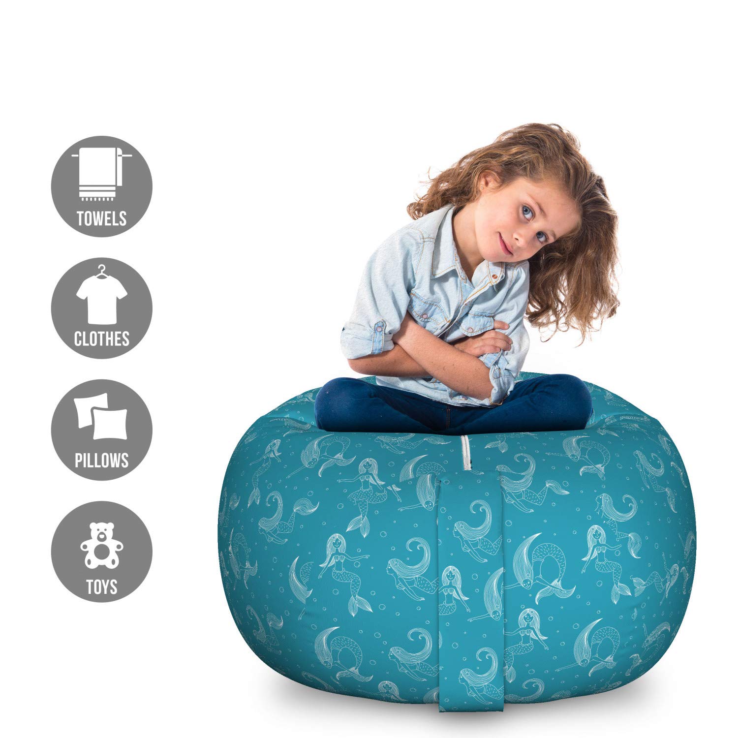Lunarable Mermaid Tail Toy Storage Bag Chair - Large Washable Stuffed Animal Organizer with Cartoon Aquatic Girl Swimming Underwater Bubbles Design in Turquoise Ivory | Kids' Room Decor, Playroom Storage, Birthday Gift for Girls